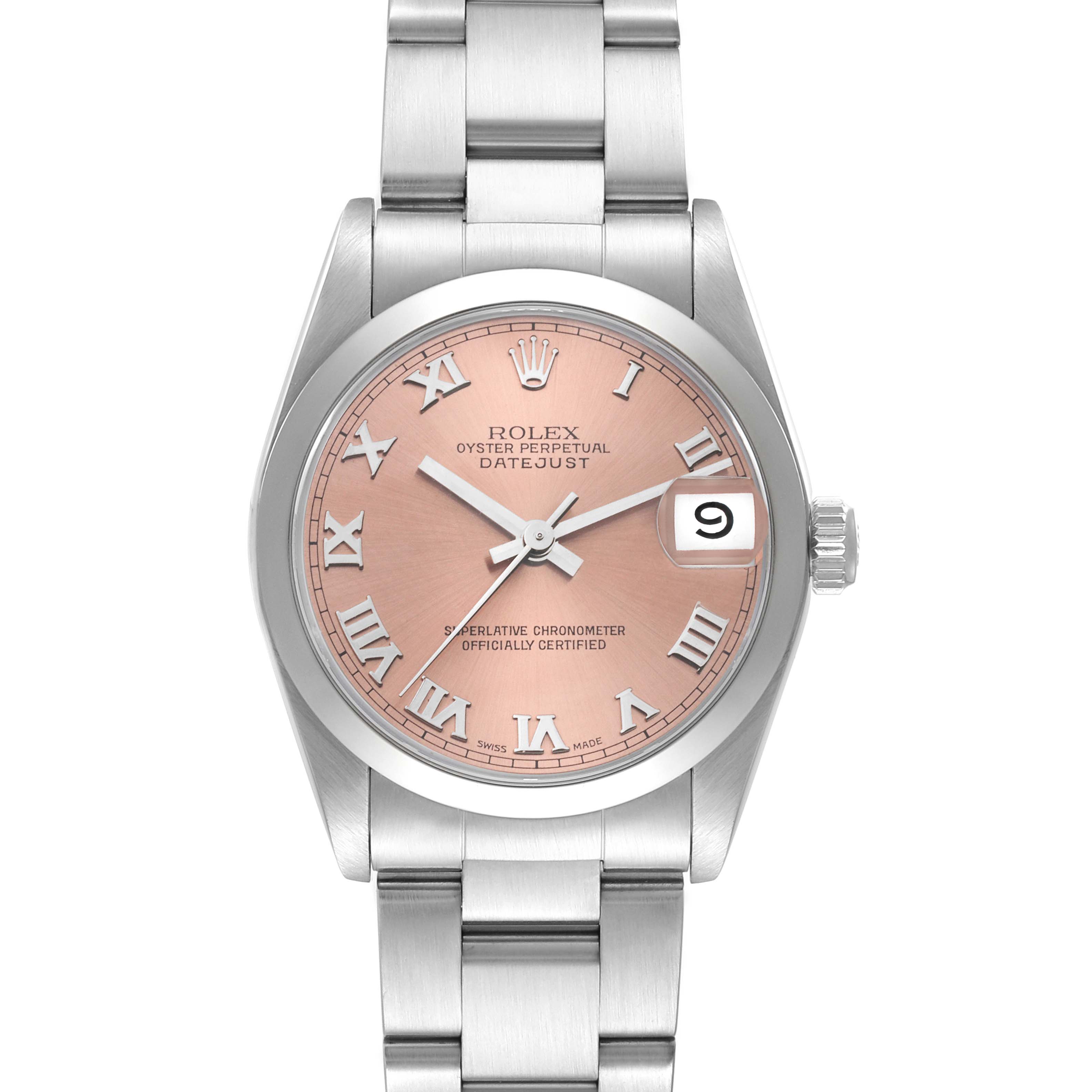 This Rolex Mid-Size 68240 Women's Stainless Steel Pink Dial 68240 Women's Stainless Steel Pink Dial Oyster Perpetual Datejust watch is shown from a front angle, displaying its dial, hands, date window, and bracelet.