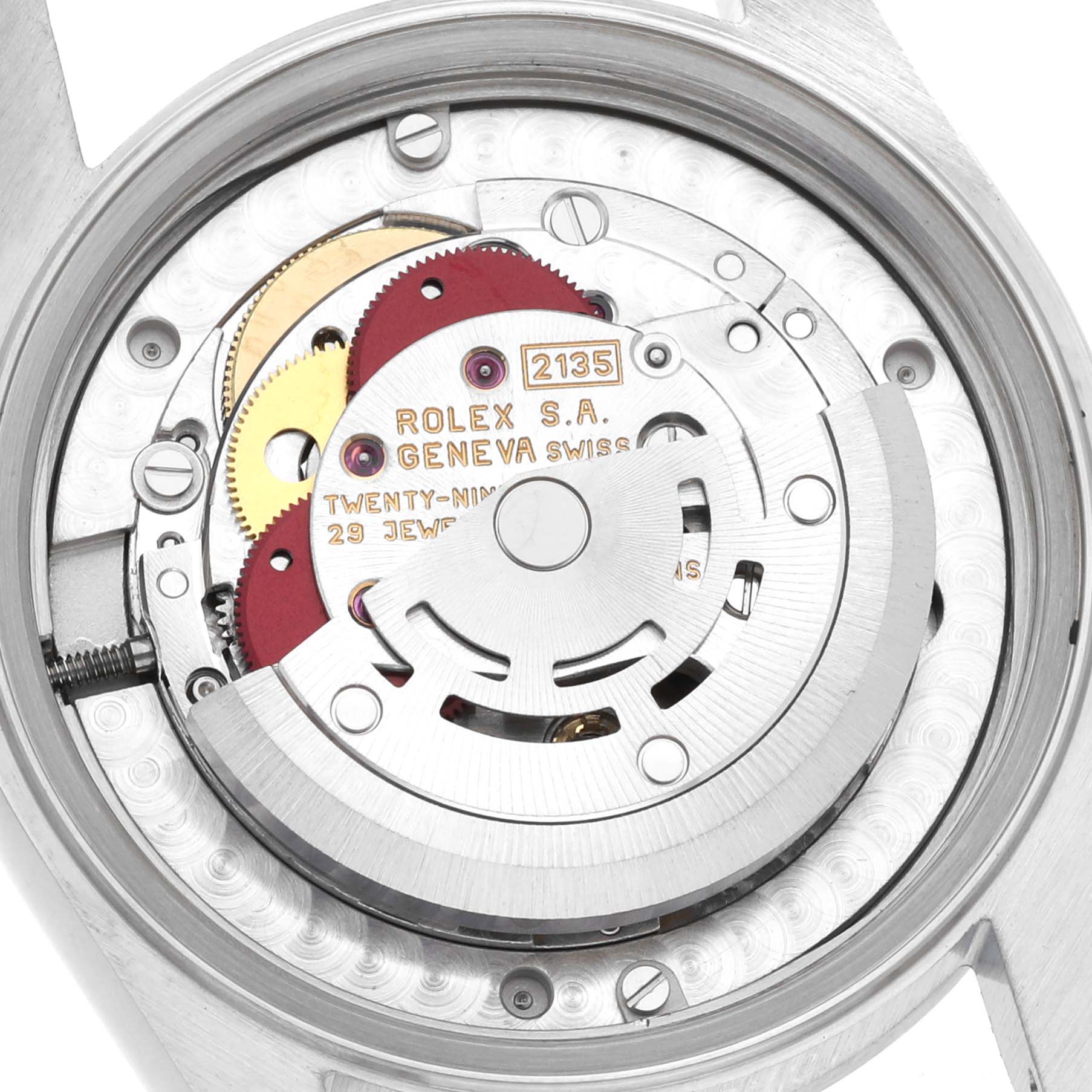 This image shows the inner mechanical components of a Rolex Mid-Size 68240 Women's Stainless Steel Pink Dial 68240 Women's Stainless Steel Pink Dial watch from a top-down angle.