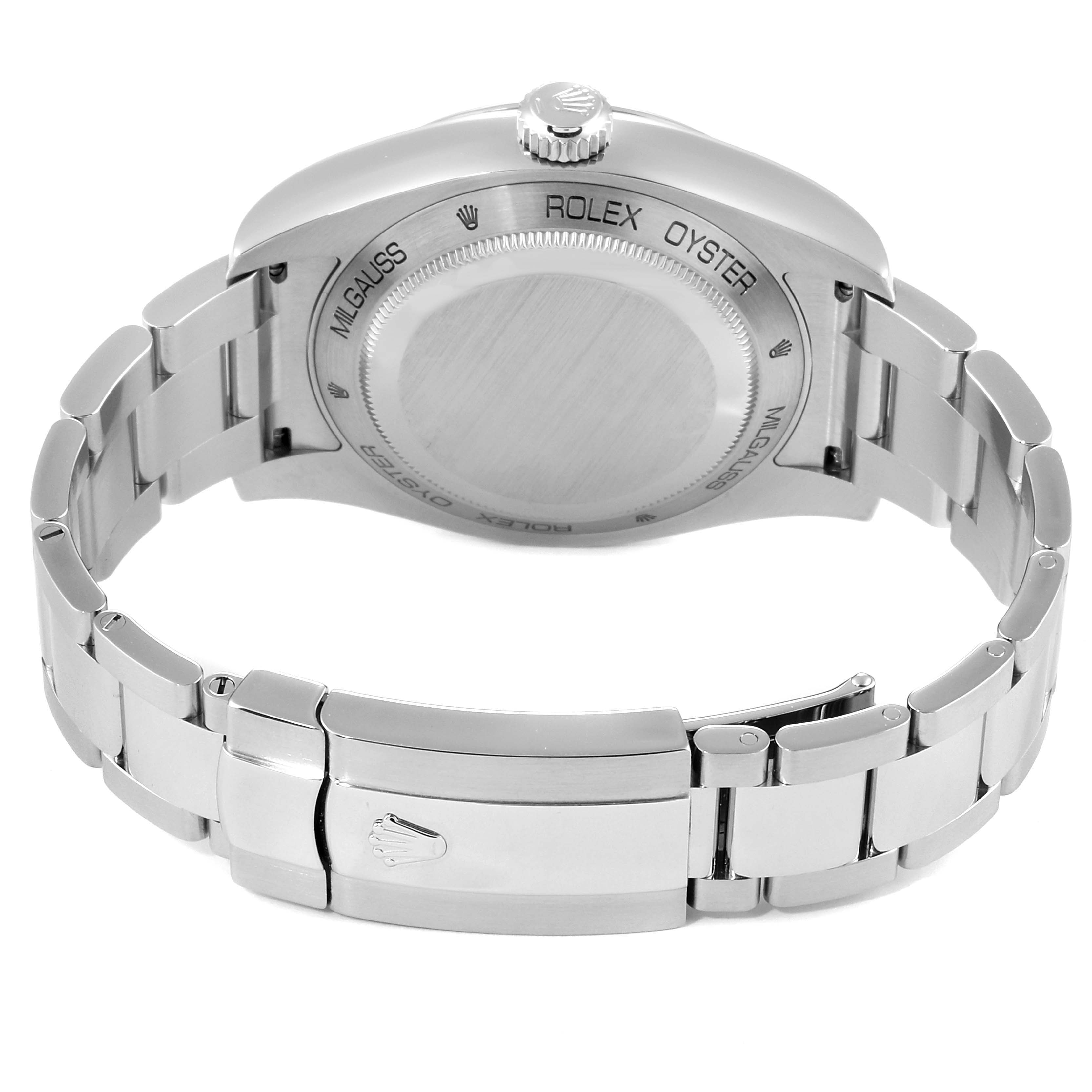 The image shows the back view of a Rolex Milgauss 116400GV Men's Stainless Steel Black Dial 116400GV Men's Stainless Steel Black Dial watch, highlighting its case back, bracelet, and clasp.