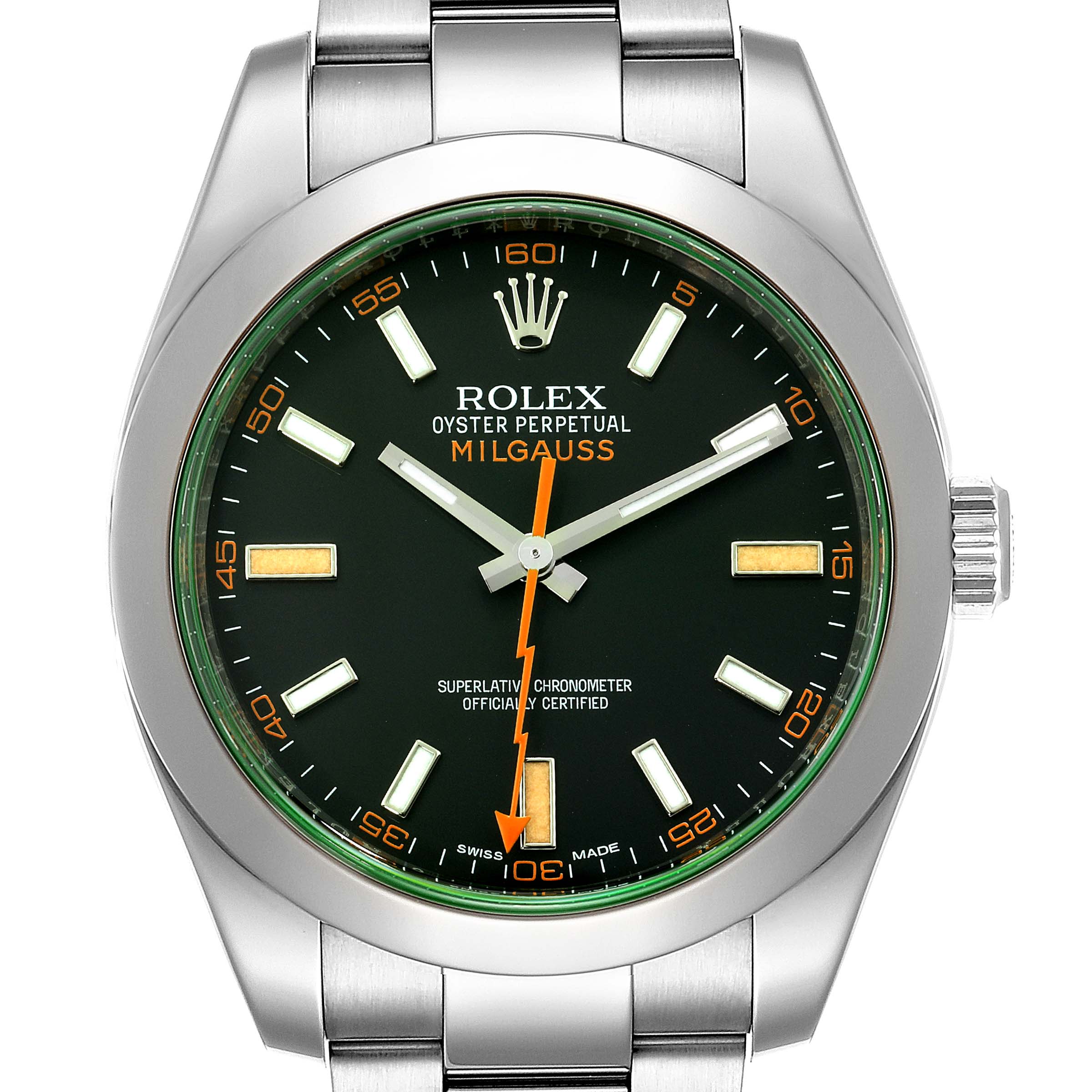 This image shows a front view of the Rolex Milgauss 116400GV Men's Stainless Steel Black Dial 116400GV Men's Stainless Steel Black Dial watch, highlighting its green dial, orange second hand, and stainless steel bracelet.