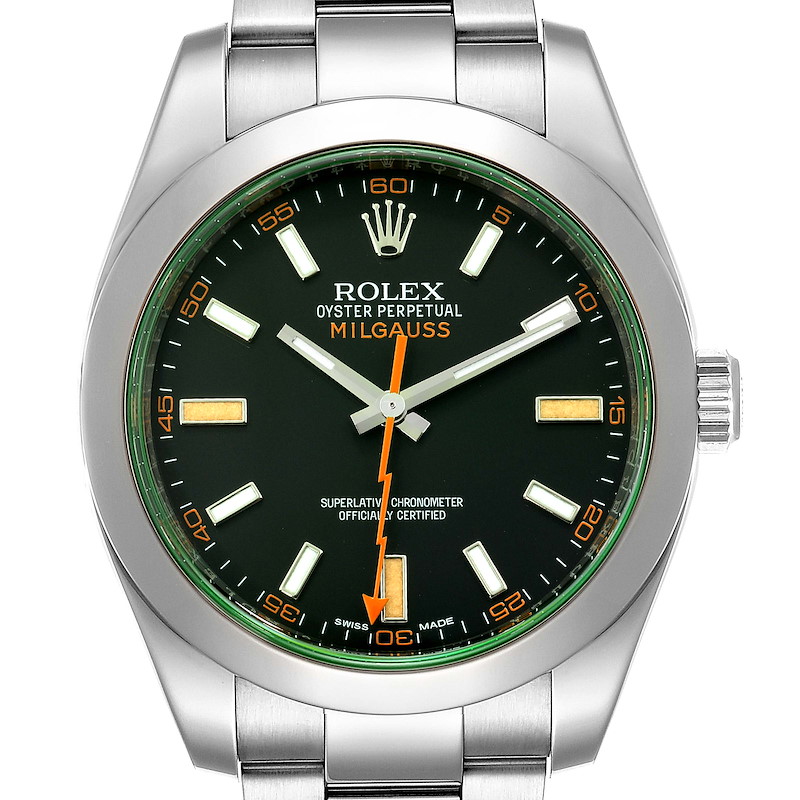 Rolex Milgauss Black Dial Green Crystal Steel Mens Watch 116400GV Box Card SwissWatchExpo