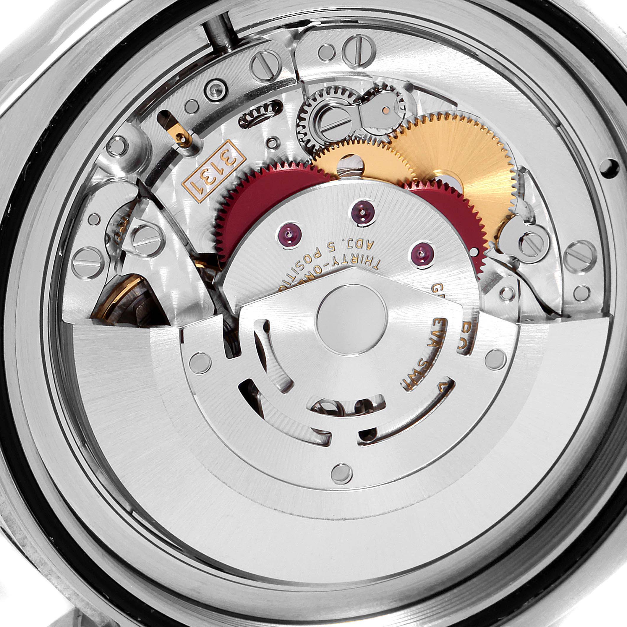 The image shows the intricate internal mechanics of the Rolex Milgauss 116400GV Men's Stainless Steel Black Dial 116400GV Men's Stainless Steel Black Dial watch, viewed from the back case.