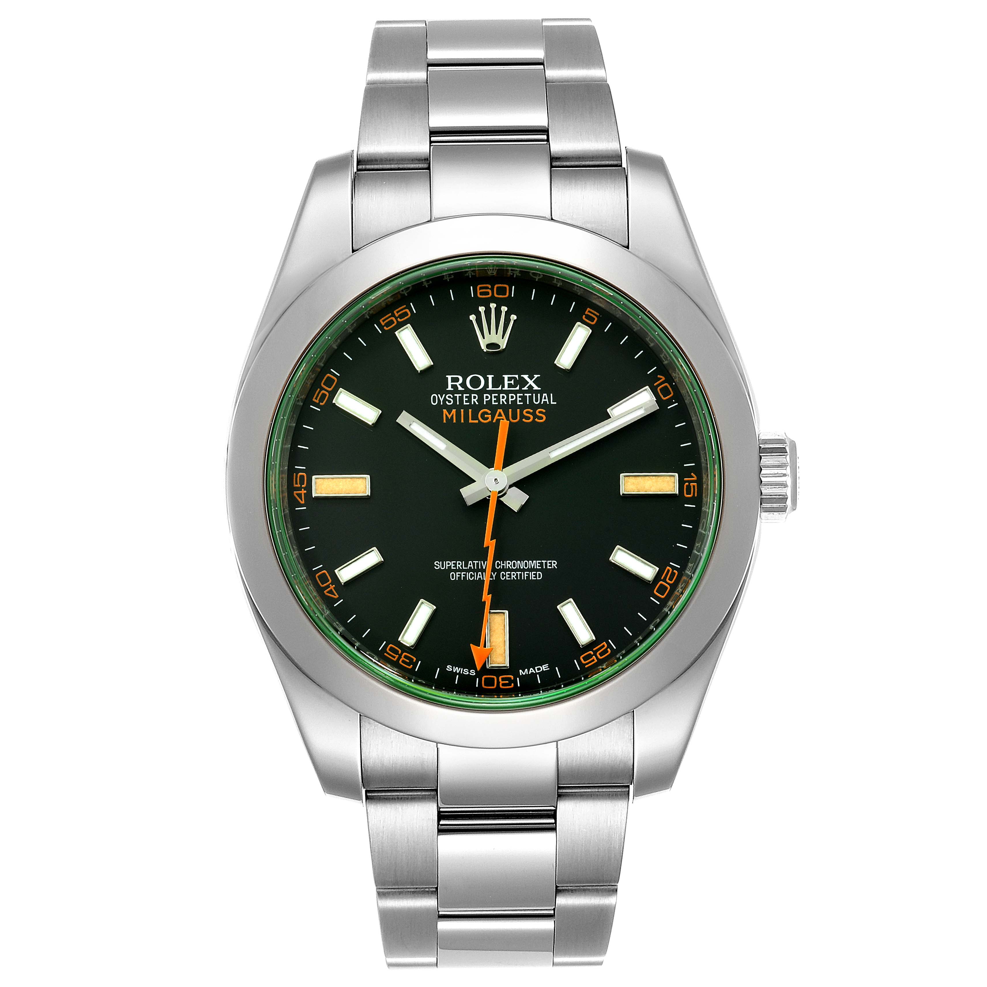This image shows a front view of a Rolex Milgauss 116400GV Men's Stainless Steel Black Dial 116400GV Men's Stainless Steel Black Dial watch, displaying its face, bezel, and part of the stainless steel bracelet.