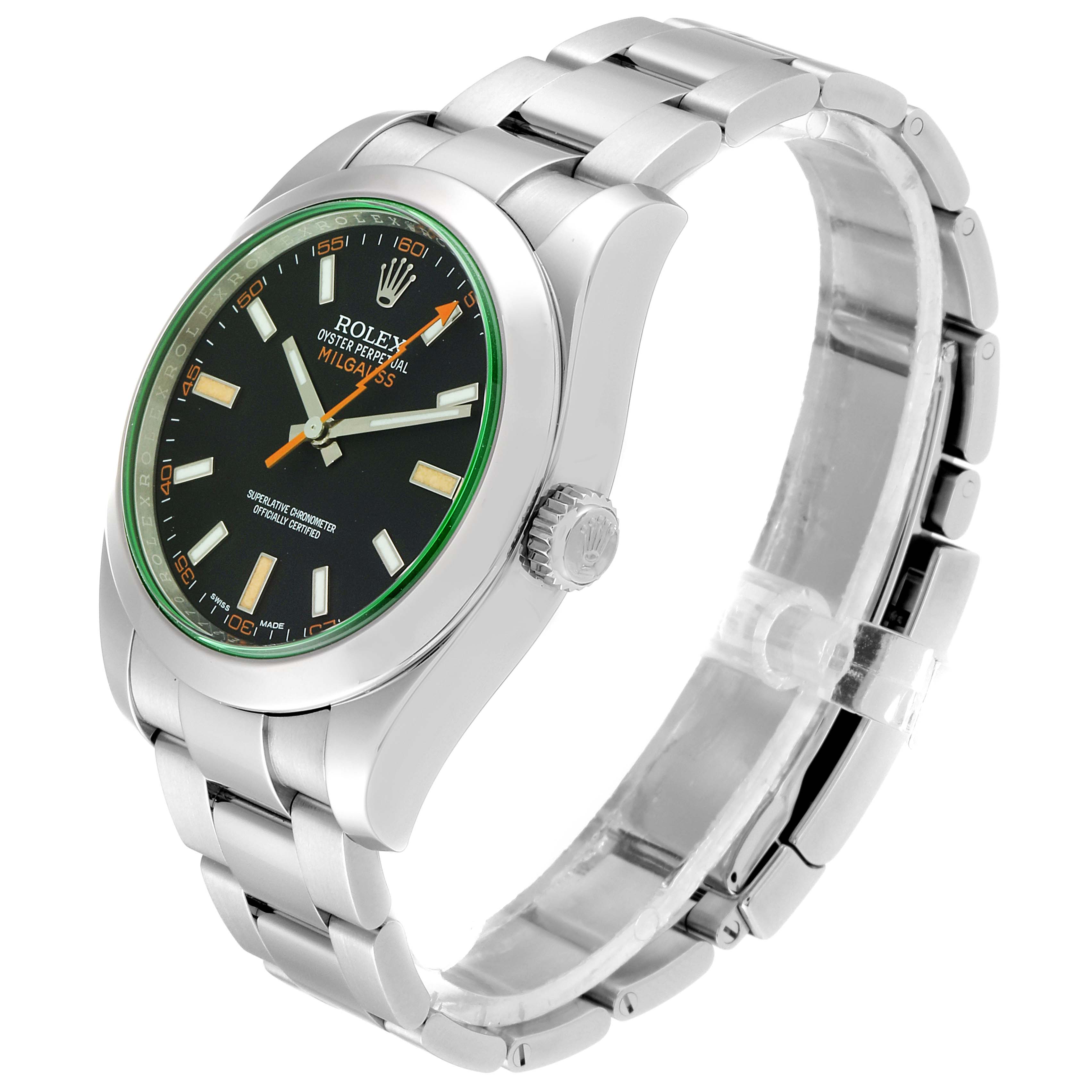 The image shows a side angle view of the Rolex Milgauss 116400GV Men's Stainless Steel Black Dial 116400GV Men's Stainless Steel Black Dial watch, highlighting its face, bezel, crown, and bracelet.