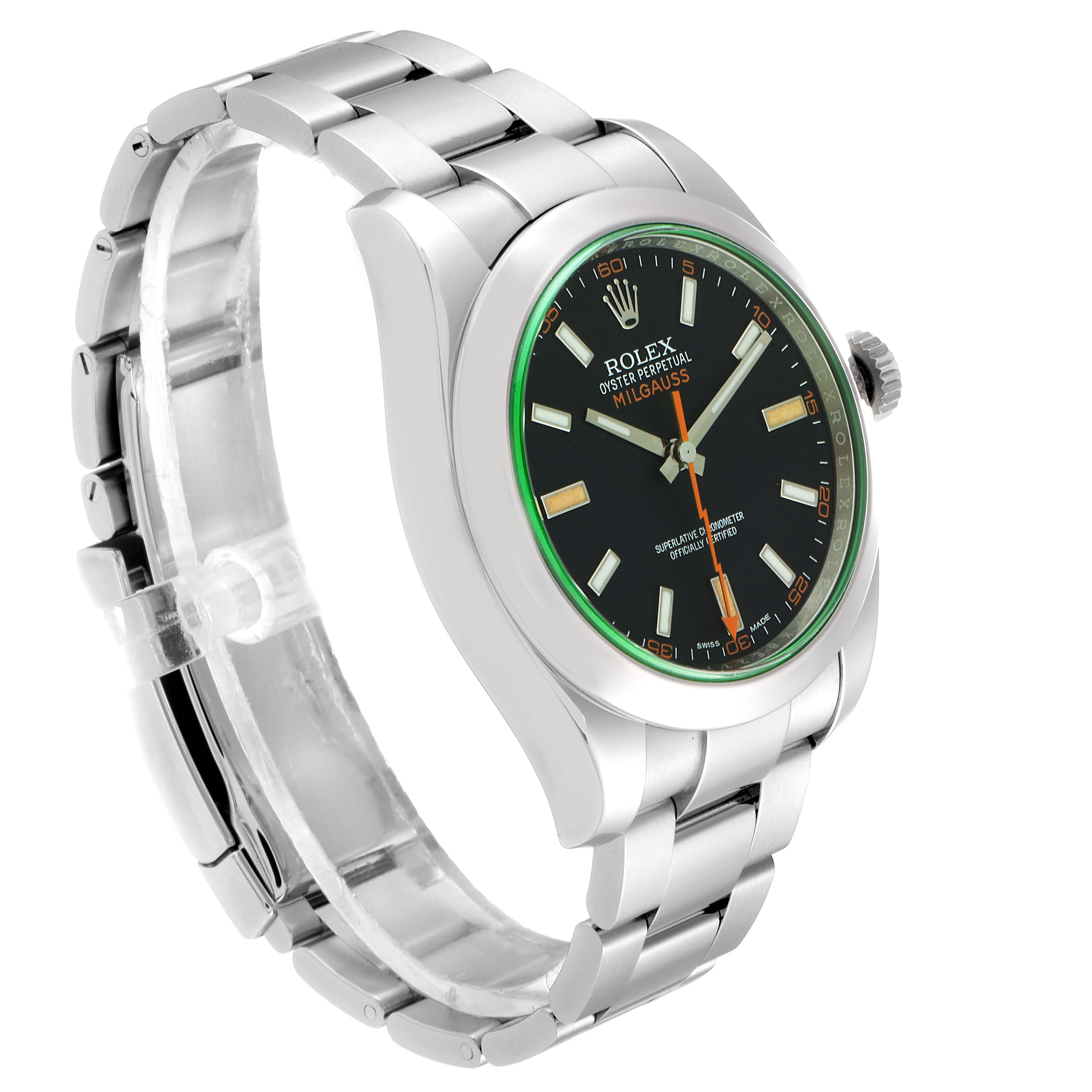 The image shows a side angle of the Rolex Milgauss 116400GV Men's Stainless Steel Black Dial 116400GV Men's Stainless Steel Black Dial watch, highlighting its band, case, dial, and crown.