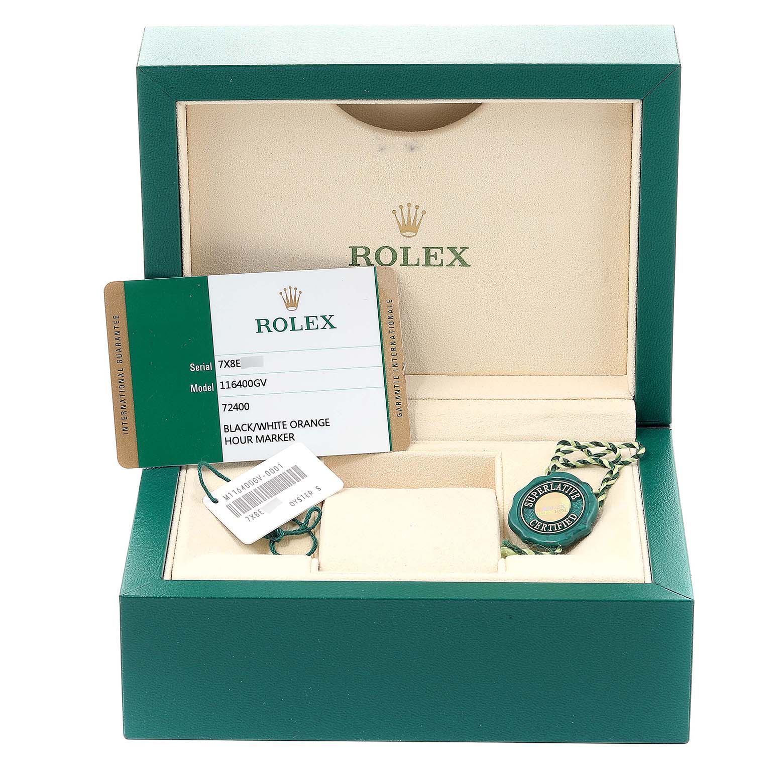 The image shows the box and accessories of a Rolex Milgauss 116400GV Men's Stainless Steel Black Dial 116400GV Men's Stainless Steel Black Dial model, including tags and certificates.