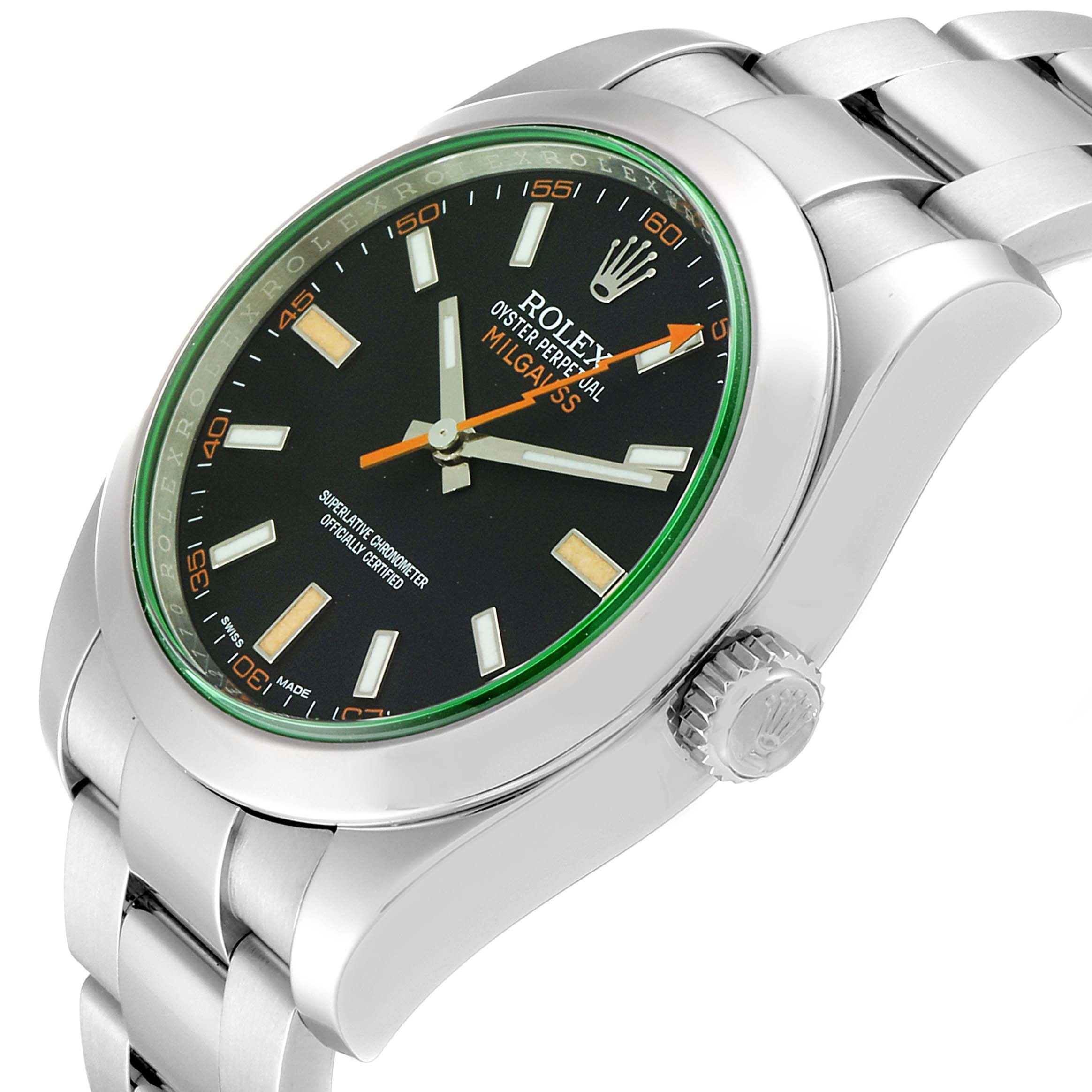 The Rolex Milgauss 116400GV Men's Stainless Steel Black Dial 116400GV Men's Stainless Steel Black Dial watch is shown at an angle displaying its face, crown, and part of the bracelet.