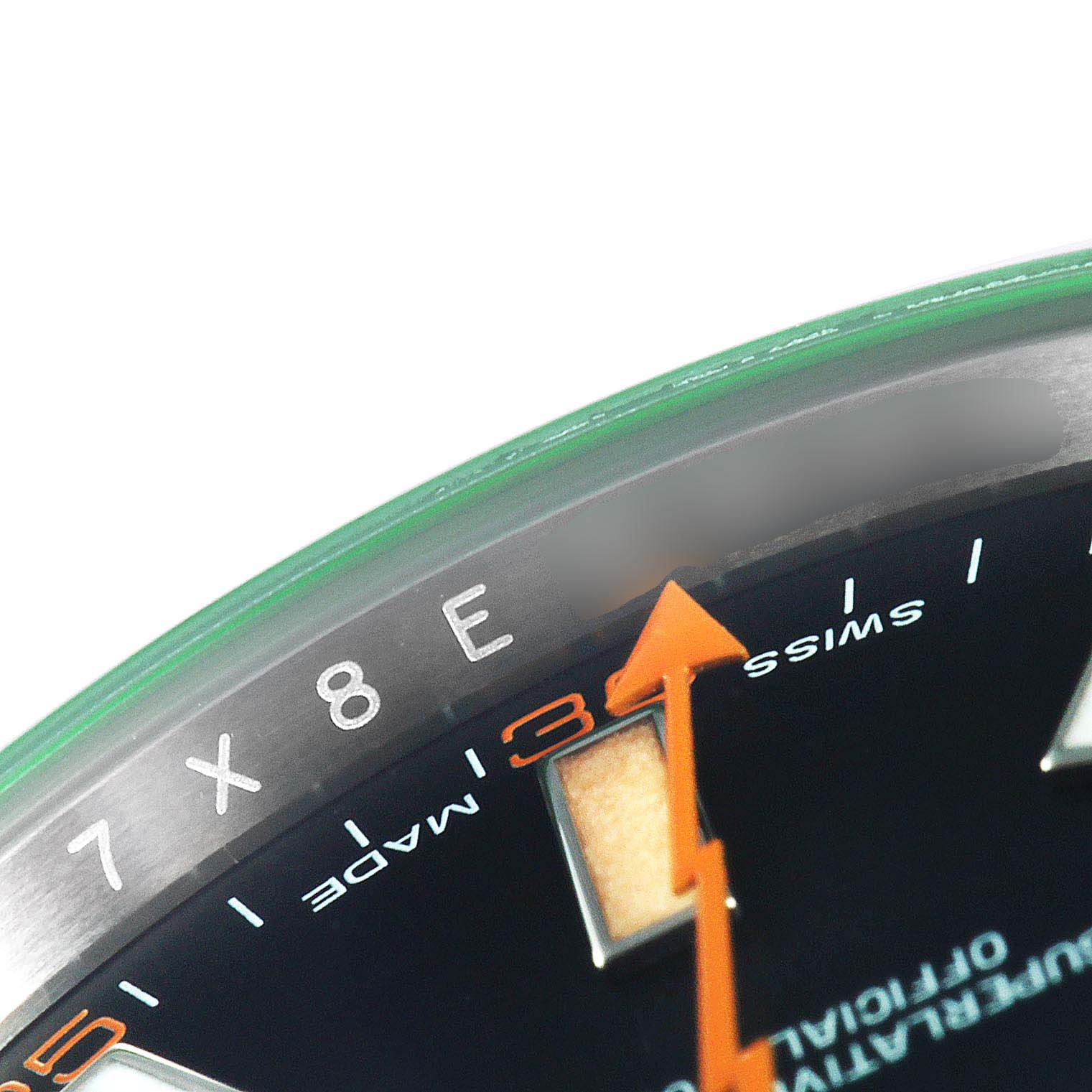 The image shows a close-up of the dial of a Rolex Milgauss 116400GV Men's Stainless Steel Black Dial 116400GV Men's Stainless Steel Black Dial watch, focusing on the hour markers, "Swiss Made" text, and the distinctive lightning bolt second hand.