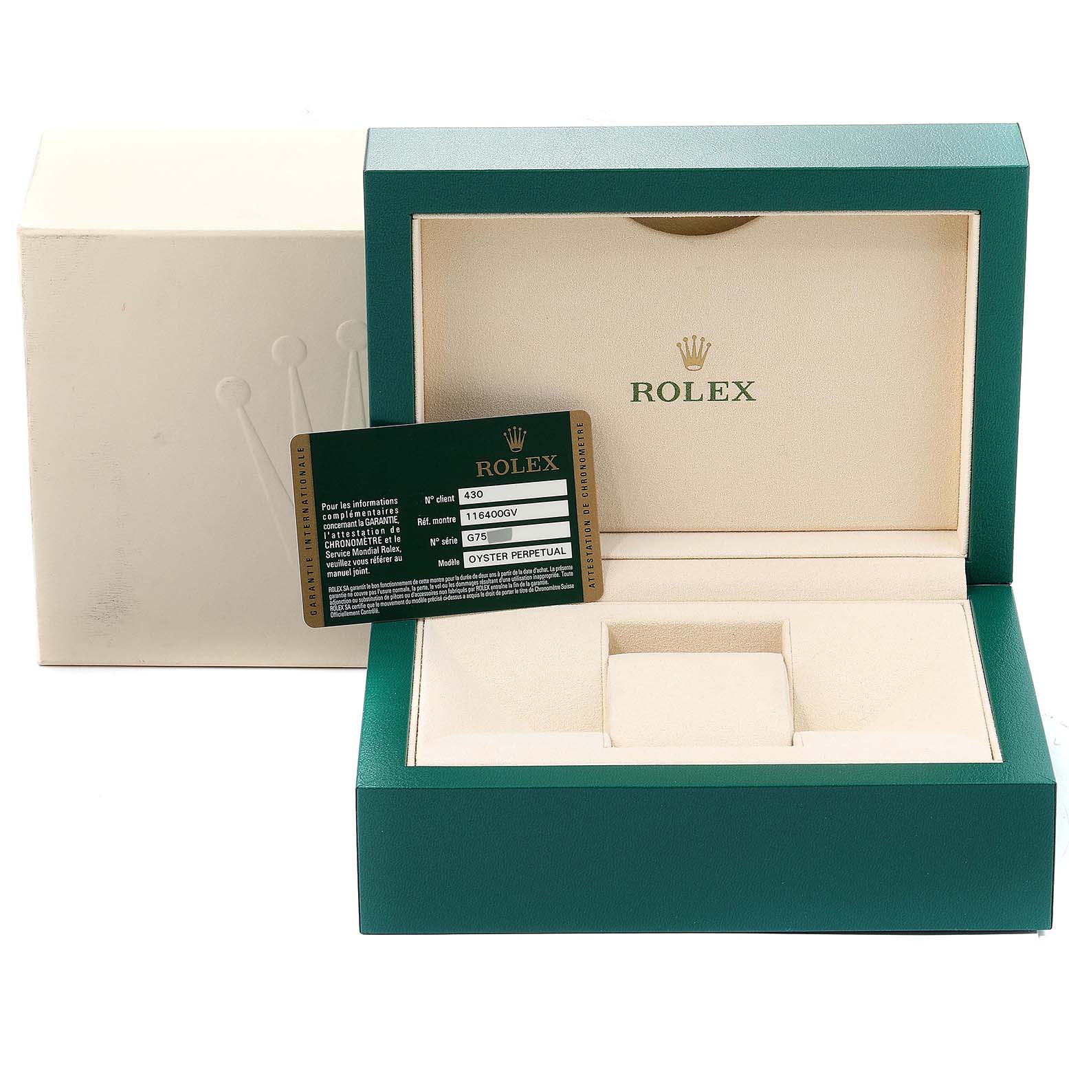 The image shows the open box and authentication card for a Rolex Milgauss 116400GV Men's Stainless Steel Black Dial 116400GV Men's Stainless Steel Black Dial watch.