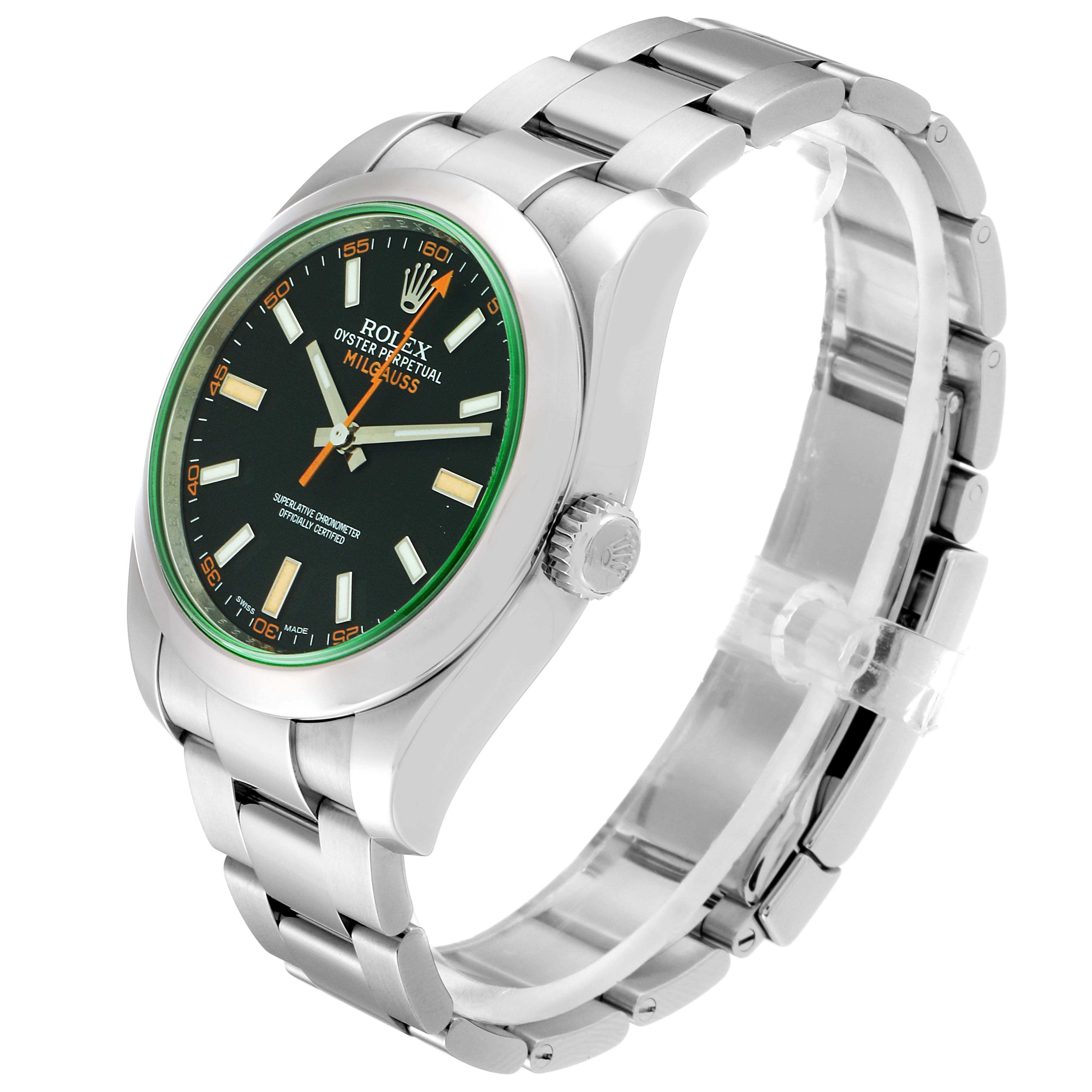 The image shows a Rolex Milgauss 116400GV Men's Stainless Steel Black Dial 116400GV Men's Stainless Steel Black Dial watch at a three-quarter angle, highlighting the face, case, bezel, crown, and bracelet.