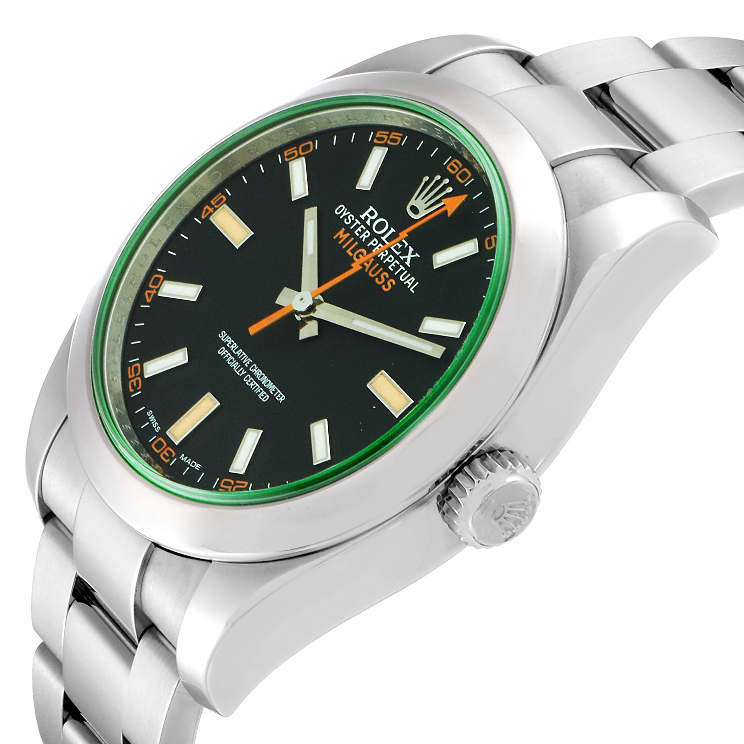 This image shows a Rolex Milgauss 116400GV Men's Stainless Steel Black Dial 116400GV Men's Stainless Steel Black Dial watch angled from the front side, displaying its face, bezel, crown, and part of the bracelet.