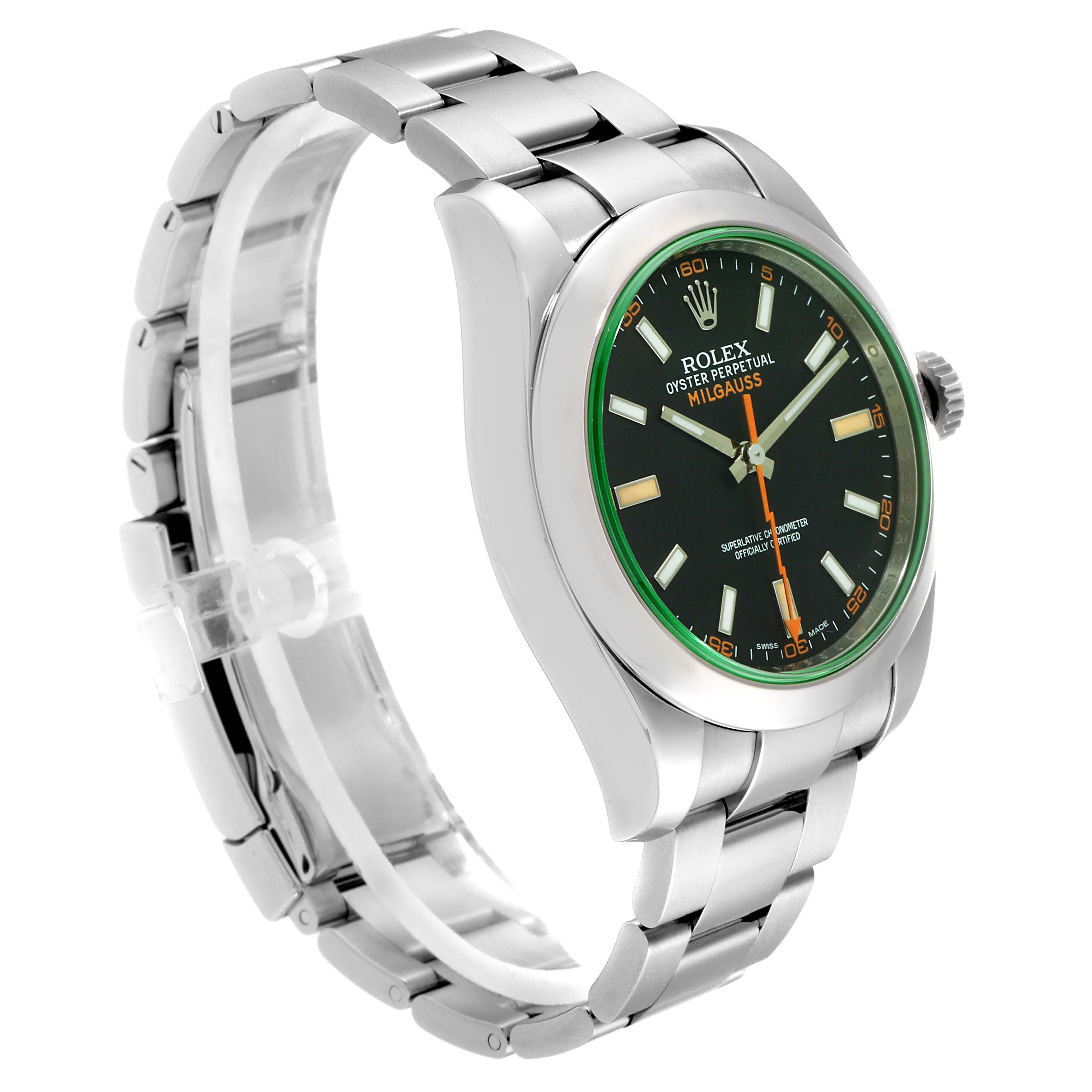 This image shows a side angle view of a Rolex Milgauss 116400GV Men's Stainless Steel Black Dial 116400GV Men's Stainless Steel Black Dial watch, highlighting the dial, case, crown, and bracelet.