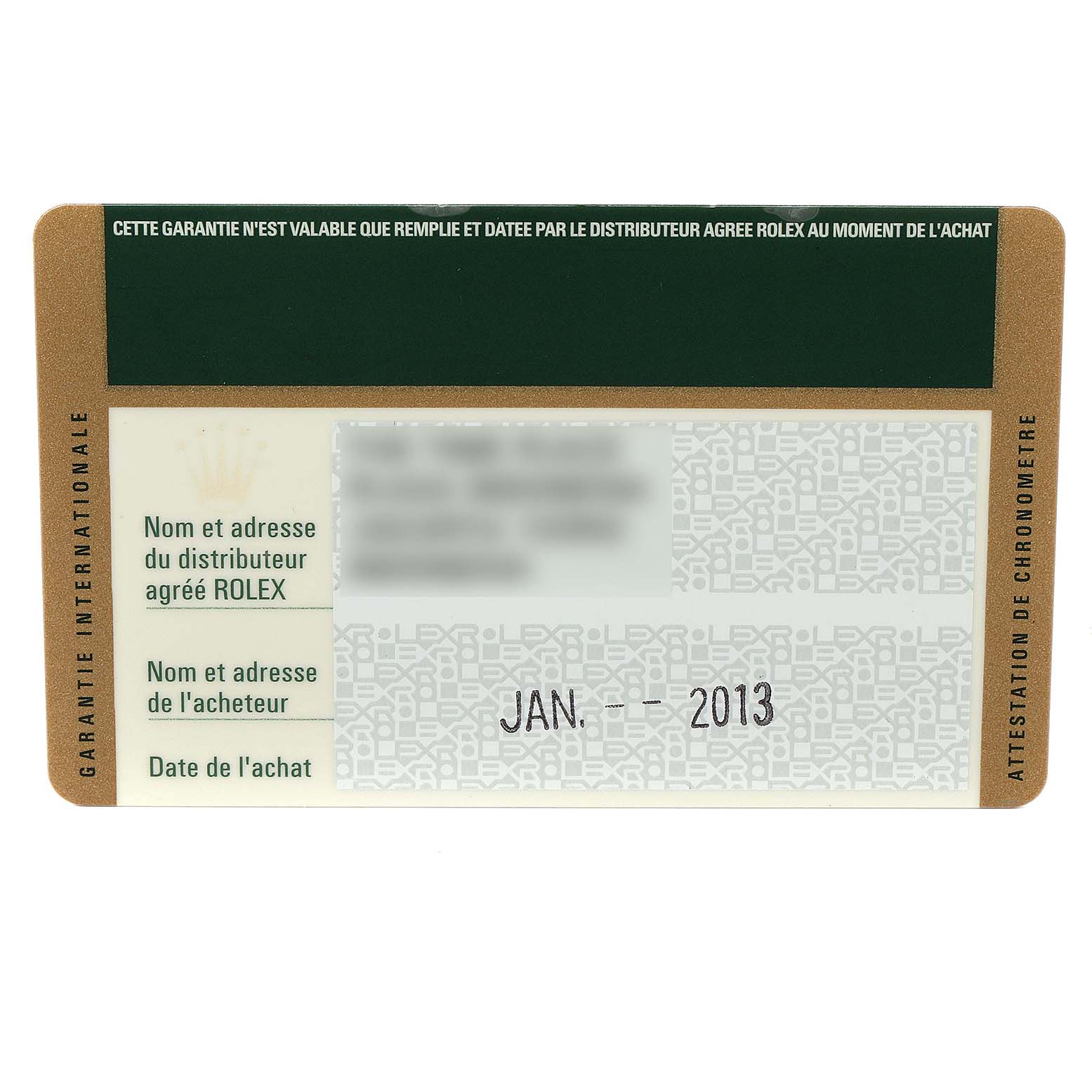 This image shows an international guarantee card for the Rolex Milgauss 116400GV Men's Stainless Steel Black Dial 116400GV Men's Stainless Steel Black Dial model, highlighting purchase details and validation information.