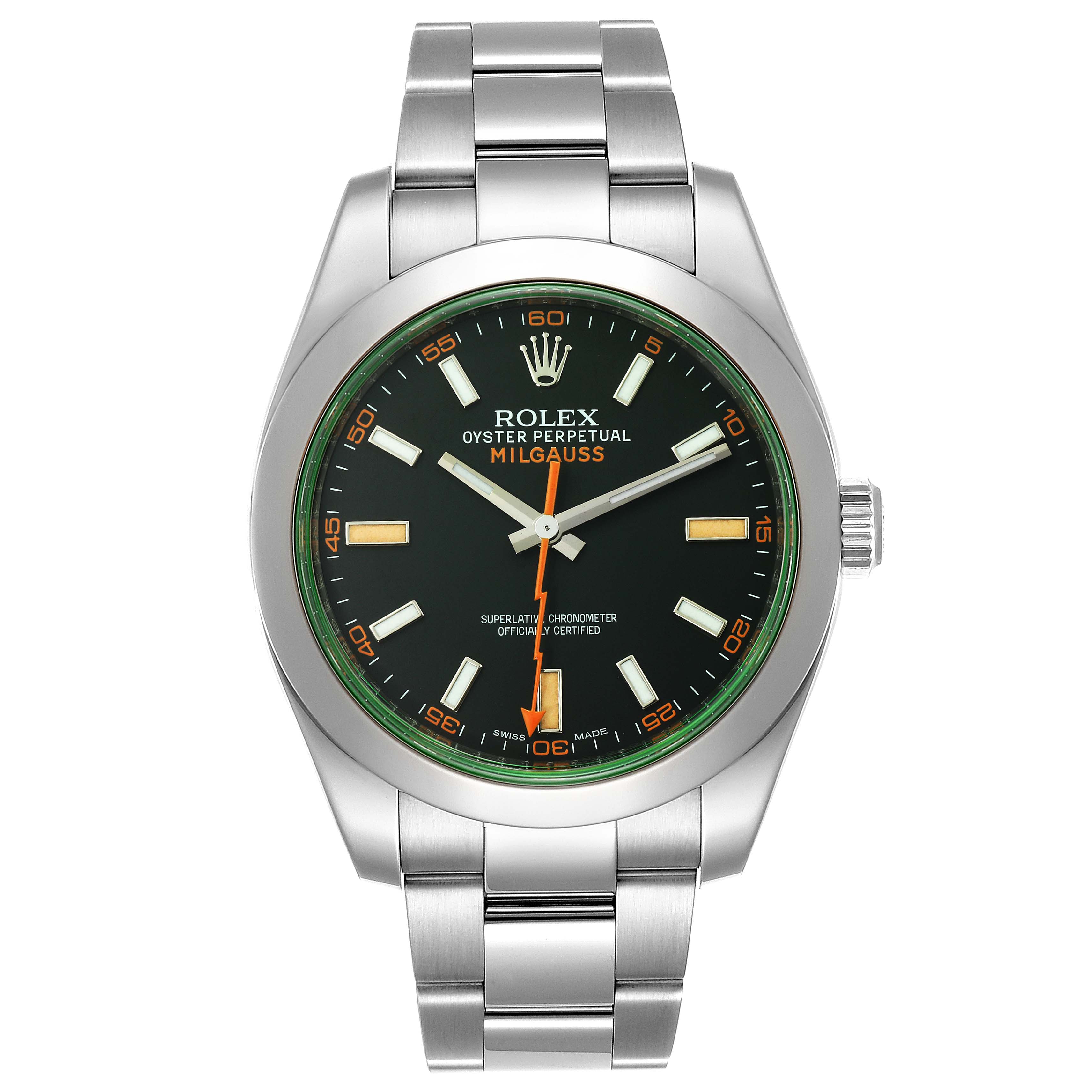The image shows a front view of a Rolex Milgauss 116400GV Men's Stainless Steel Black Dial 116400GV Men's Stainless Steel Black Dial watch, highlighting the dial, bezel, and bracelet.