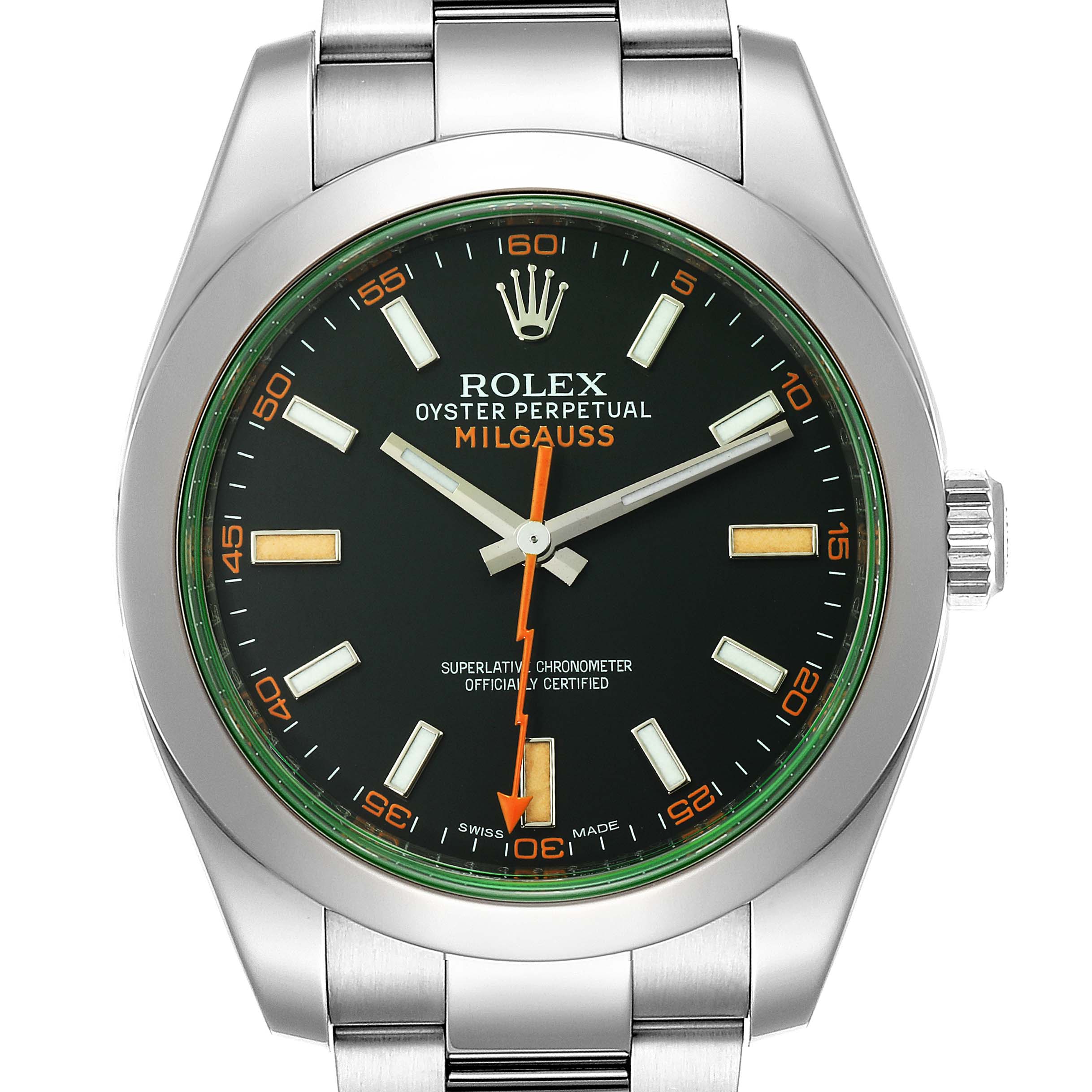 The image shows a front view of the Rolex Milgauss 116400GV Men's Stainless Steel Black Dial 116400GV Men's Stainless Steel Black Dial watch, highlighting its dial, markers, hands, and bracelet.