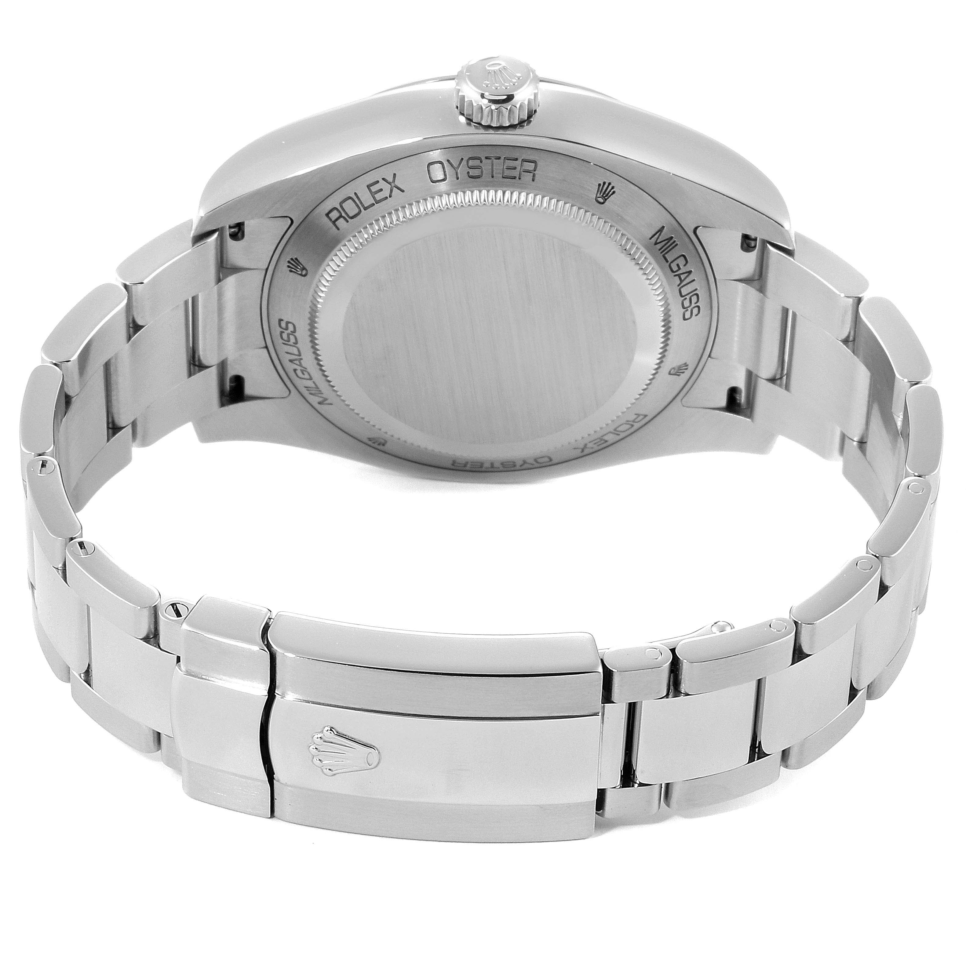 This image shows the backside and bracelet of the Rolex Milgauss 116400GV Men's Stainless Steel Black Dial 116400GV Men's Stainless Steel Black Dial watch, highlighting the case back and clasp.