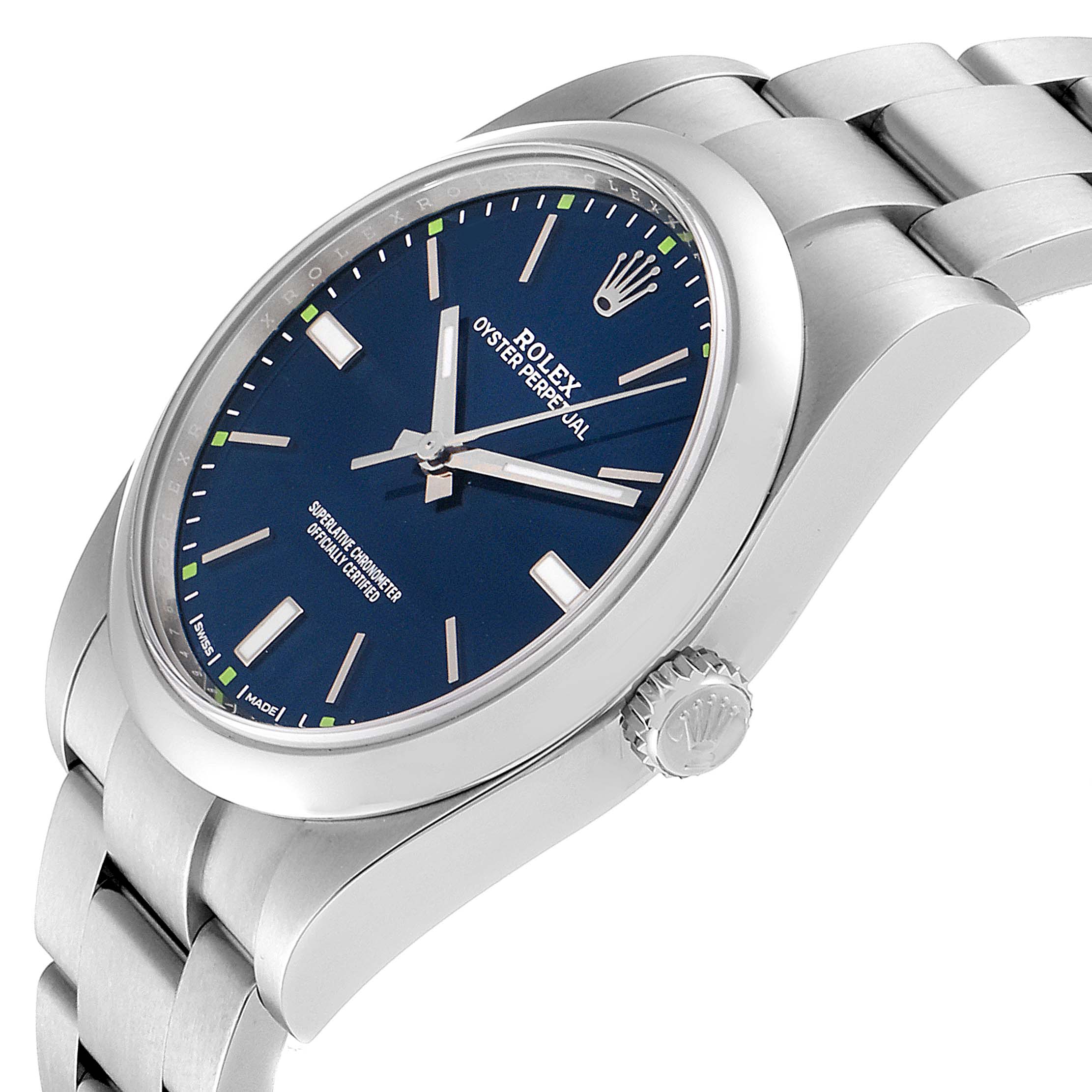 The image shows a side view of the Rolex Oyster Perpetual 114300 Men's Stainless Steel Blue Dial 114300 Men's Stainless Steel Blue Dial watch highlighting its case, crown, and metal bracelet.