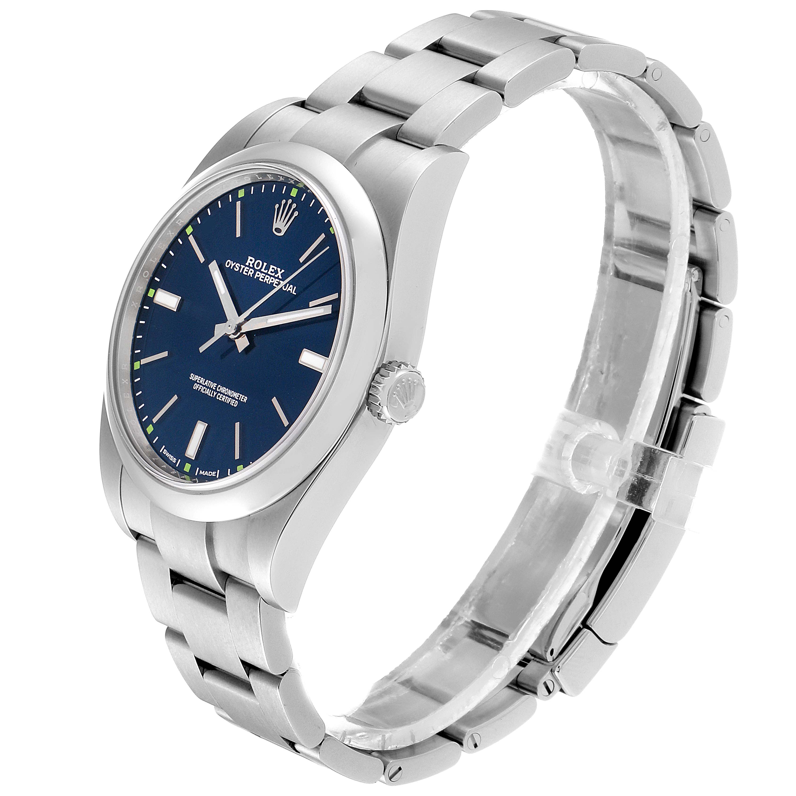 This image shows a side angle of a Rolex Oyster Perpetual 114300 Men's Stainless Steel Blue Dial 114300 Men's Stainless Steel Blue Dial watch emphasizing its blue dial, stainless steel case, and bracelet.