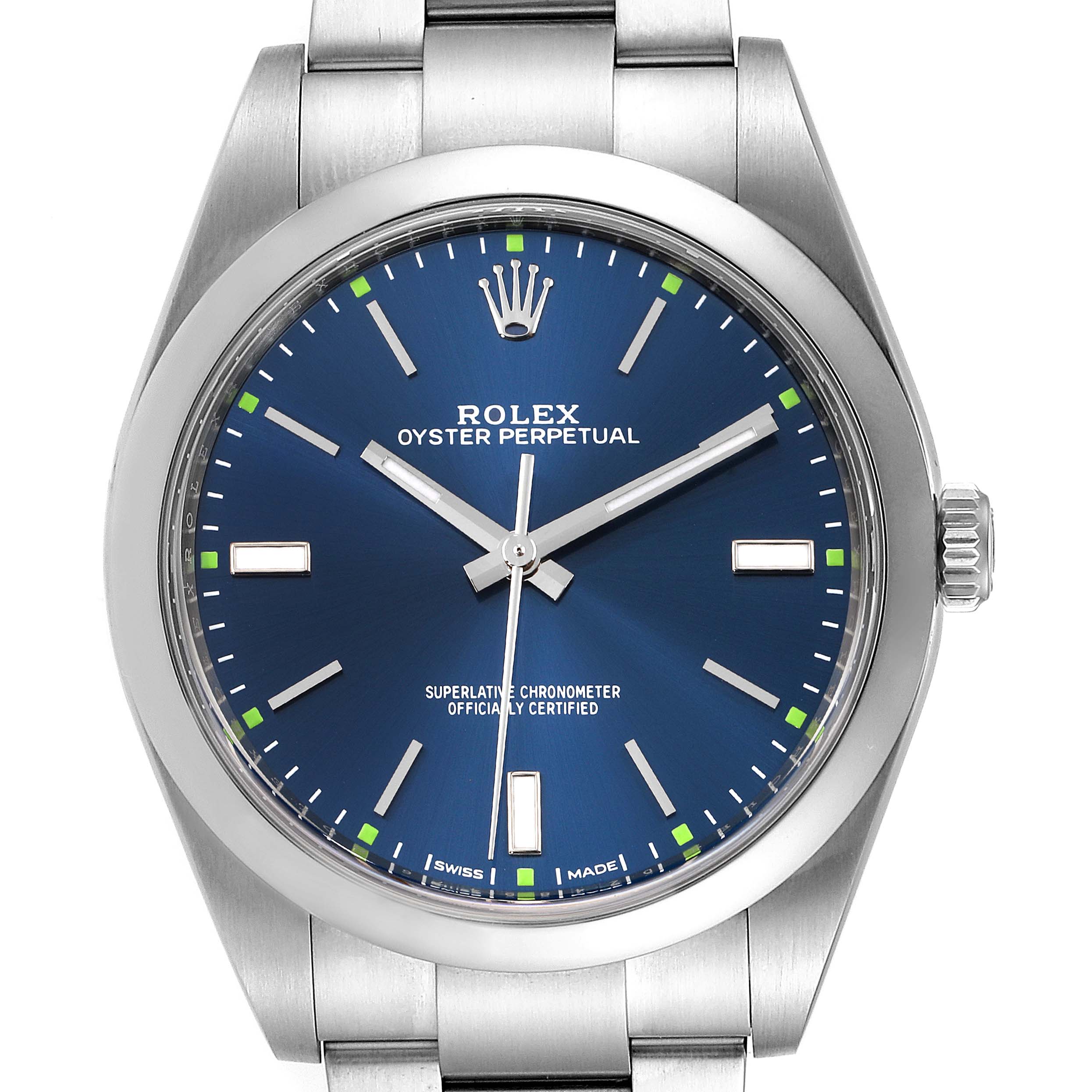 The image shows a front view of a Rolex Oyster Perpetual 114300 Men's Stainless Steel Blue Dial 114300 Men's Stainless Steel Blue Dial watch, highlighting its blue dial and stainless steel bracelet.