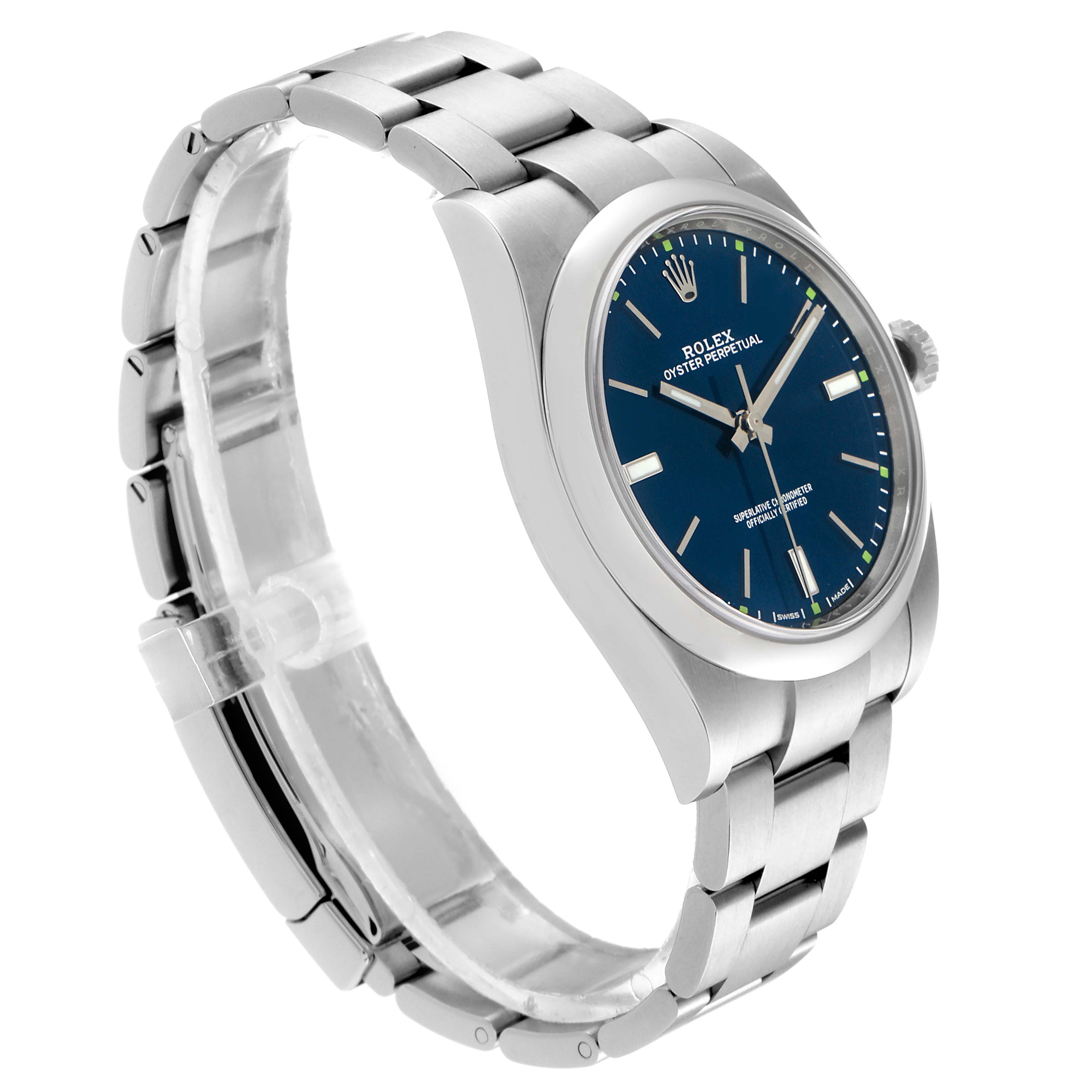 The image shows a side angle of a Rolex Oyster Perpetual 114300 Men's Stainless Steel Blue Dial 114300 Men's Stainless Steel Blue Dial watch, highlighting its face, case, and metal bracelet.