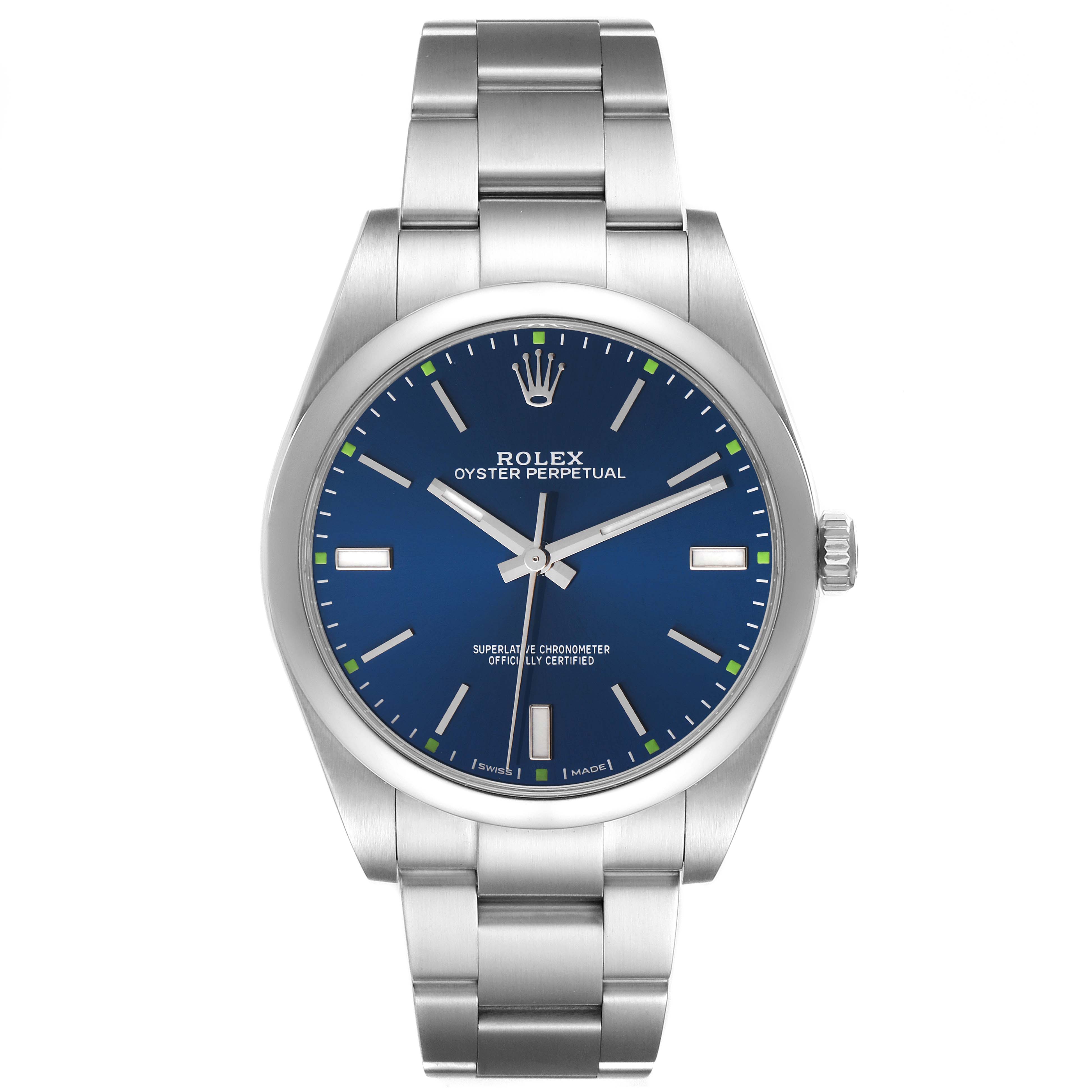 This is a front view of a Rolex Oyster Perpetual 114300 Men's Stainless Steel Blue Dial 114300 Men's Stainless Steel Blue Dial watch, showing its blue dial, silver hands, and stainless steel bracelet.