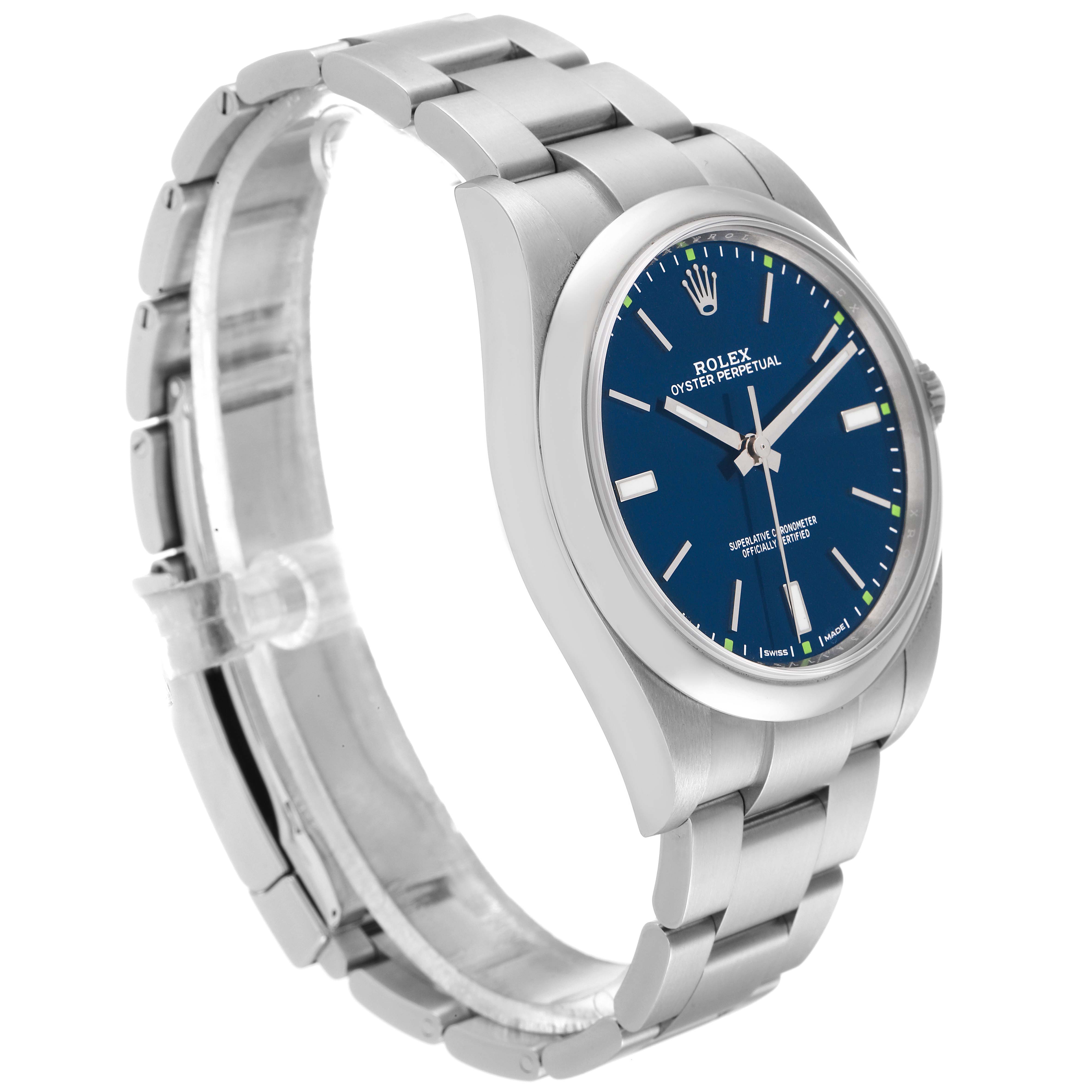 This image shows a side view of a Rolex Oyster Perpetual 114300 Men's Stainless Steel Blue Dial 114300 Men's Stainless Steel Blue Dial watch, highlighting its blue dial, stainless steel casing, and bracelet.