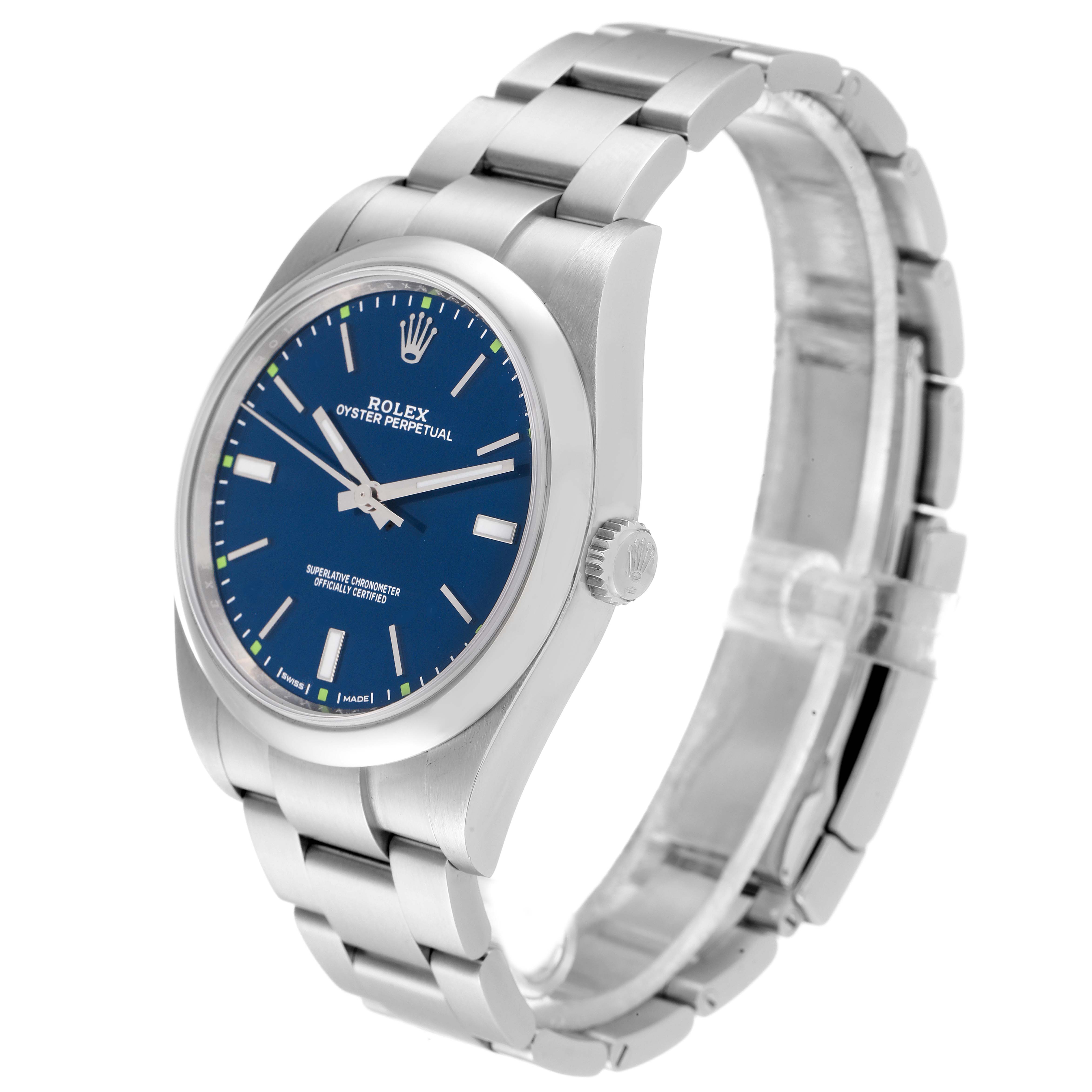 The Rolex Oyster Perpetual 114300 Men's Stainless Steel Blue Dial 114300 Men's Stainless Steel Blue Dial watch is shown at a slight angle displaying its blue dial, crown, and entire metal bracelet.