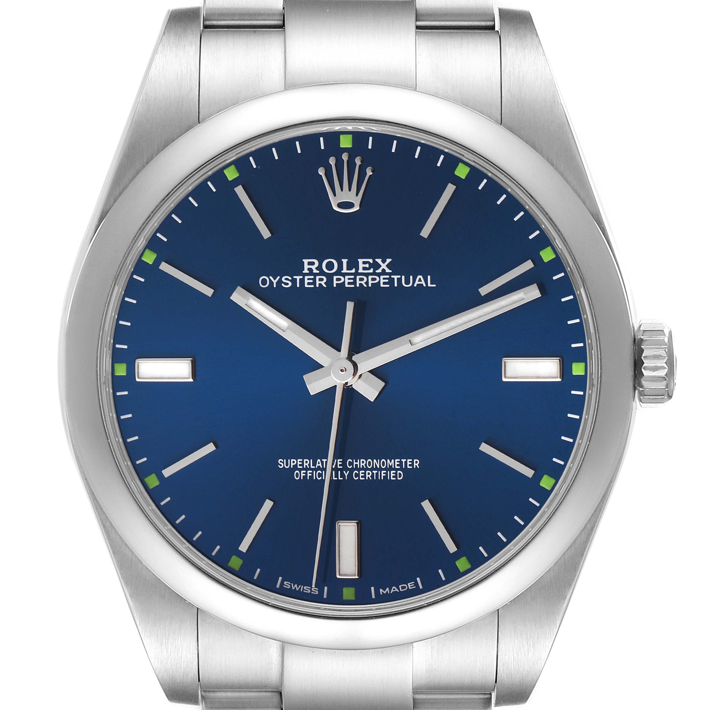 This image shows a front view of a Rolex Oyster Perpetual 114300 Men's Stainless Steel Blue Dial 114300 Men's Stainless Steel Blue Dial watch, highlighting its blue dial, hands, markers, and part of the bracelet.