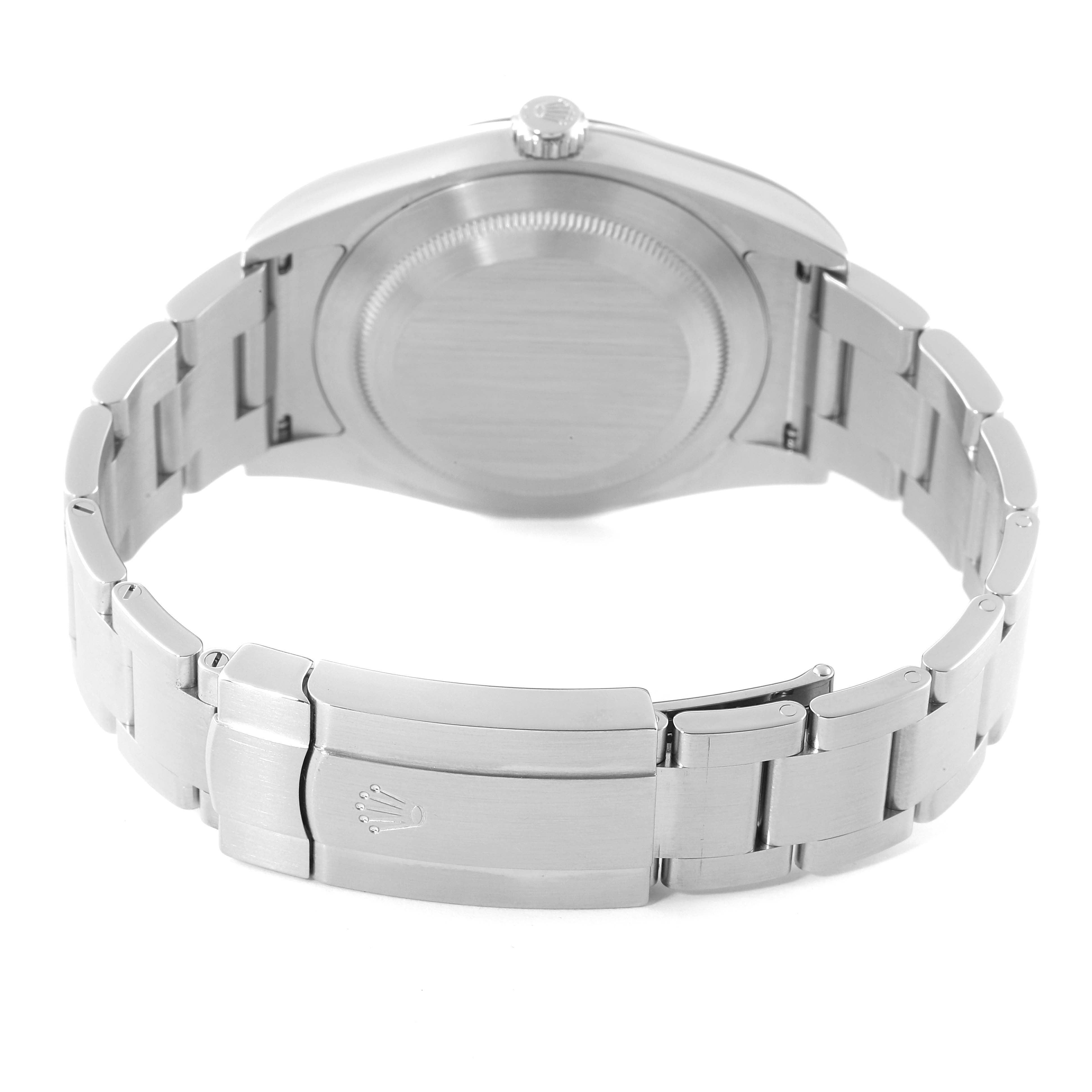 This image shows the back view of a Rolex Oyster Perpetual 114300 Men's Stainless Steel Blue Dial 114300 Men's Stainless Steel Blue Dial watch, highlighting the case back and bracelet.