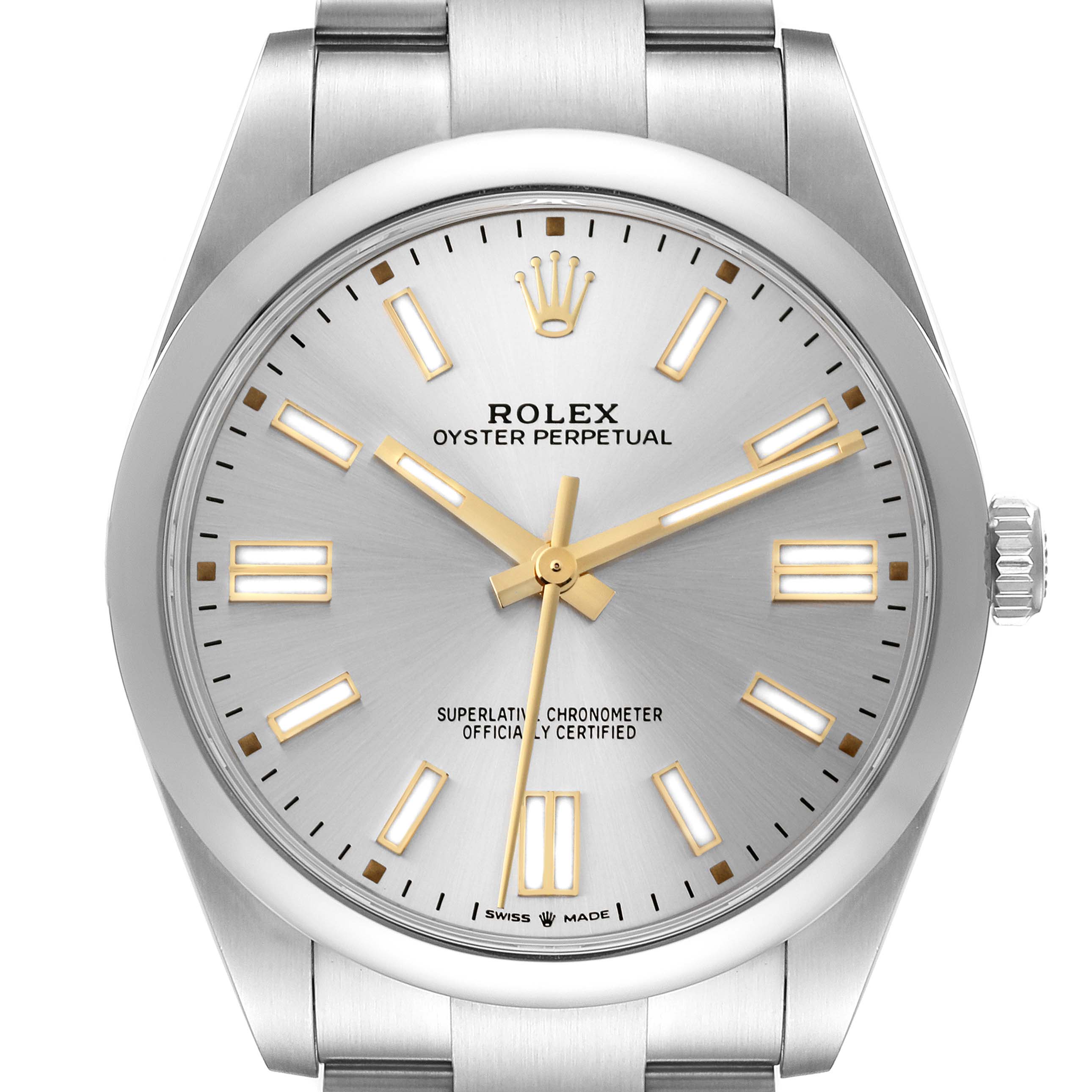 This image shows the face, bezel, crown, and part of the bracelet of a Rolex Oyster Perpetual 124300 Men's Stainless Steel Silver Dial 124300 Men's Stainless Steel Silver Dial watch from a front angle.