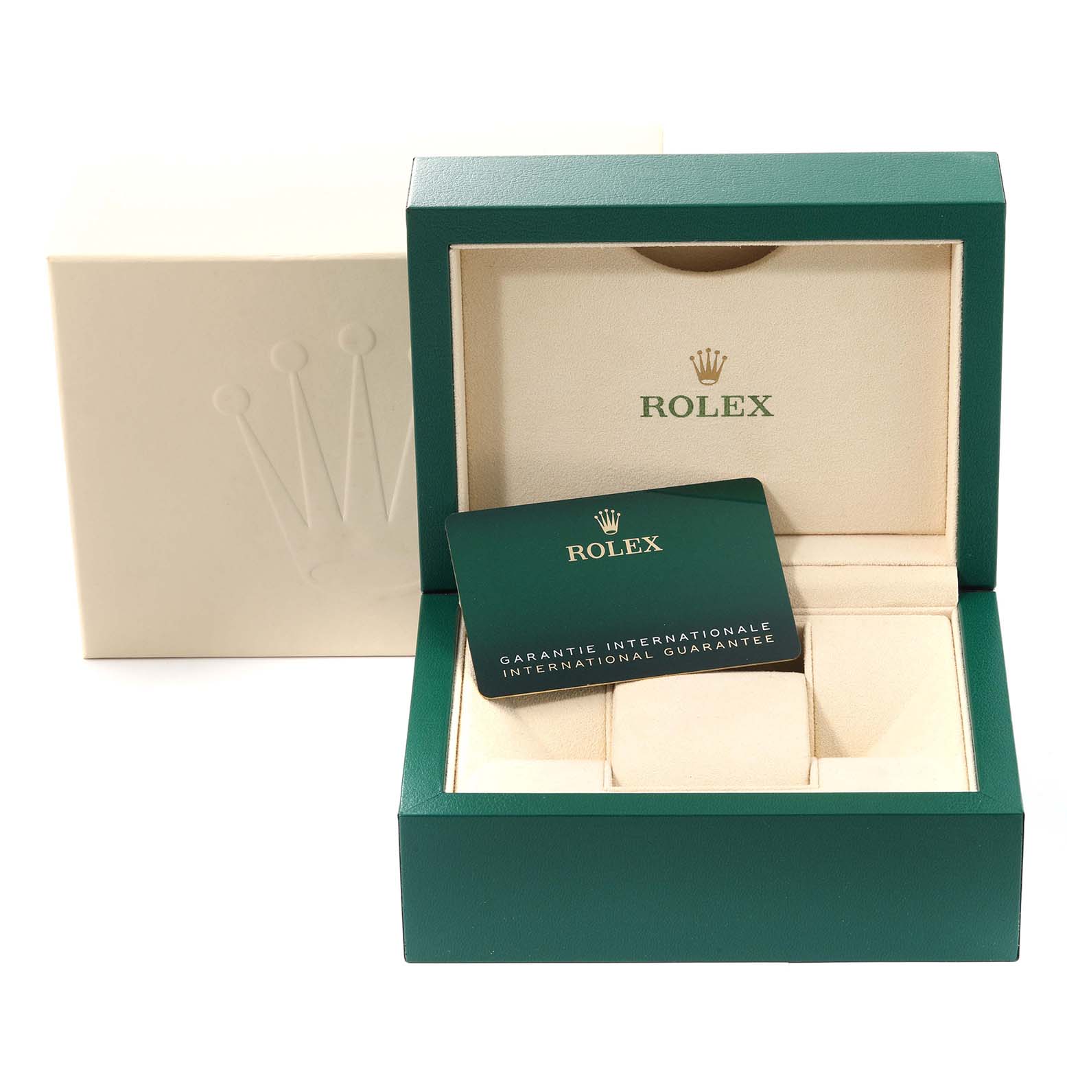 The image shows a Rolex Oyster Perpetual 124300 Men's Stainless Steel Silver Dial 124300 Men's Stainless Steel Silver Dial box and international guarantee card with the box lid open.