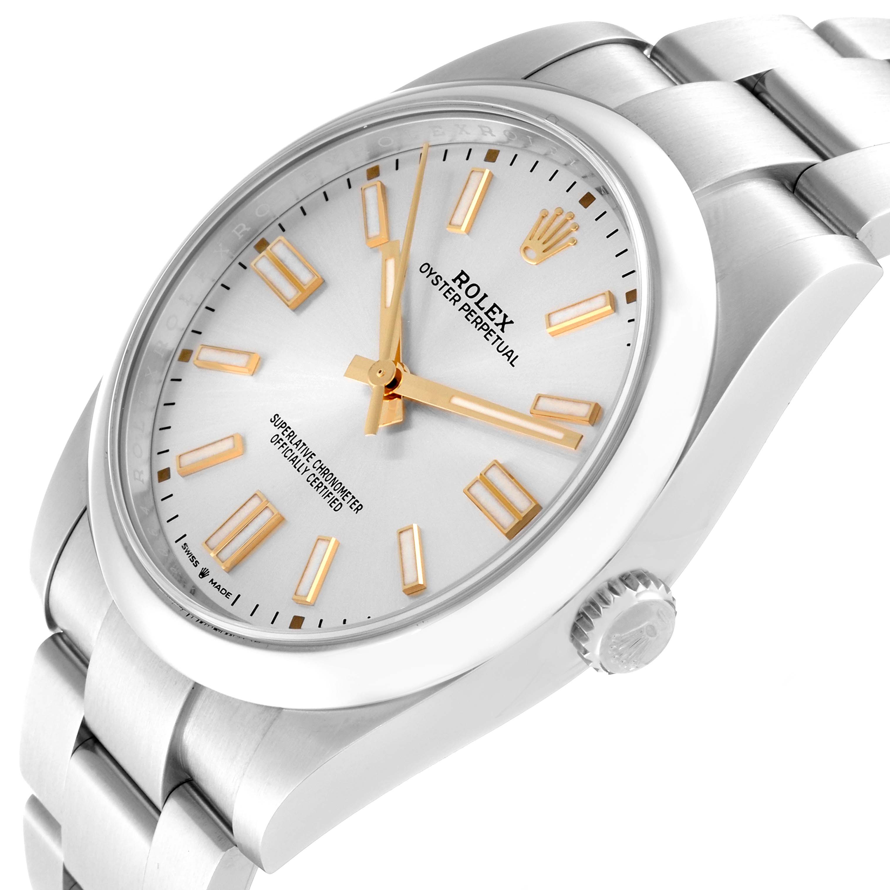 The image shows a close-up angle of the Rolex Oyster Perpetual 124300 Men's Stainless Steel Silver Dial 124300 Men's Stainless Steel Silver Dial watch, highlighting its face, crown, and bracelet.