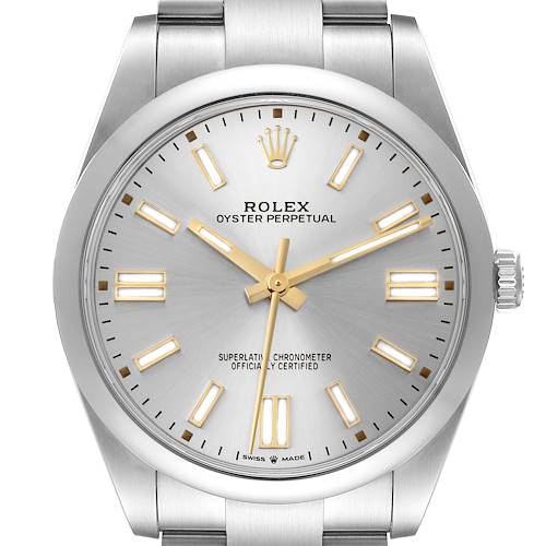 This Rolex Oyster Perpetual watch is shown from a front angle, highlighting its dial, case, and part of the bracelet.