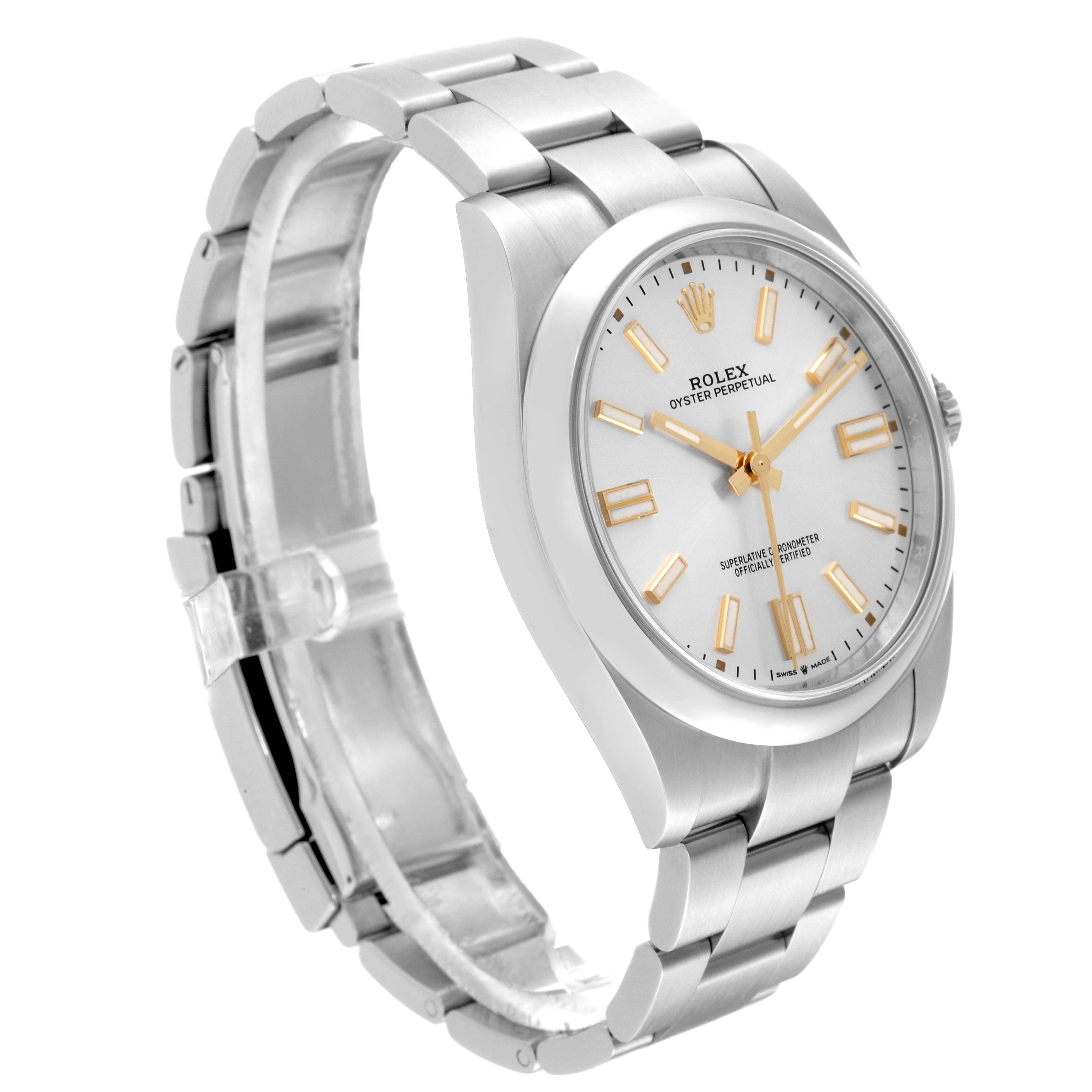 The image shows a side angle view of a Rolex Oyster Perpetual 124300 Men's Stainless Steel Silver Dial 124300 Men's Stainless Steel Silver Dial watch, highlighting its bracelet and white dial with gold markers.