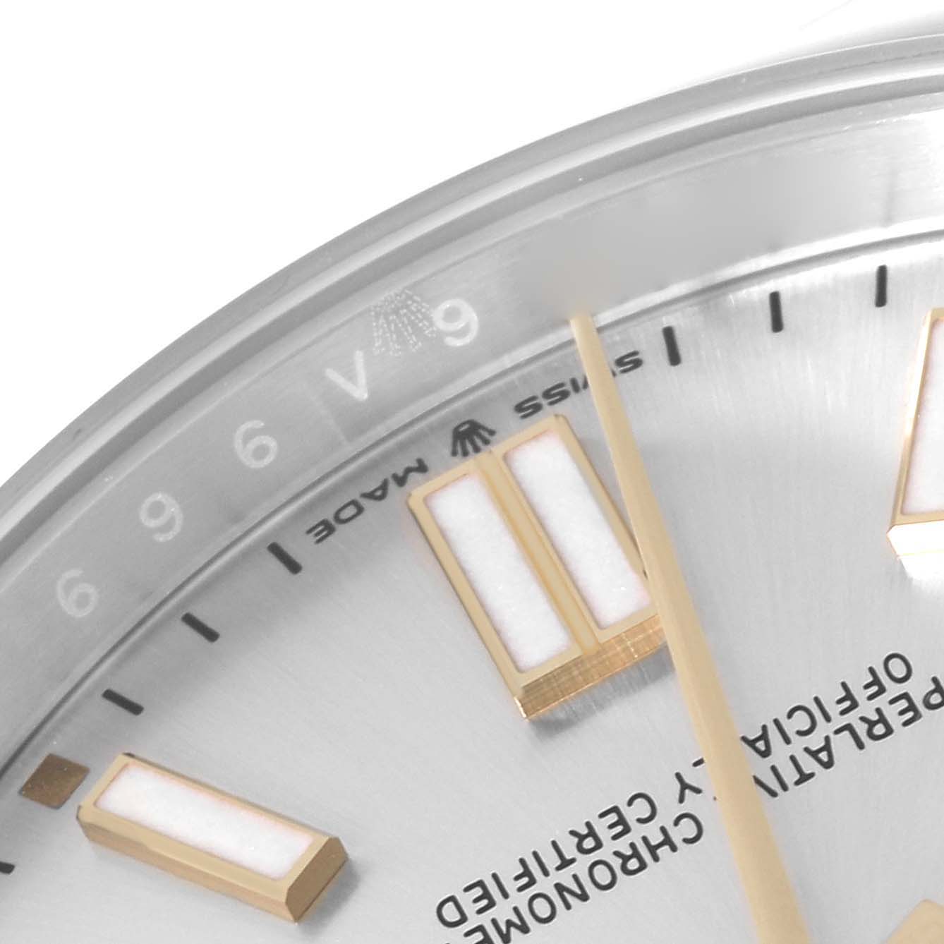This image shows a close-up angle of the dial and markers of a Rolex Oyster Perpetual 124300 Men's Stainless Steel Silver Dial 124300 Men's Stainless Steel Silver Dial watch.