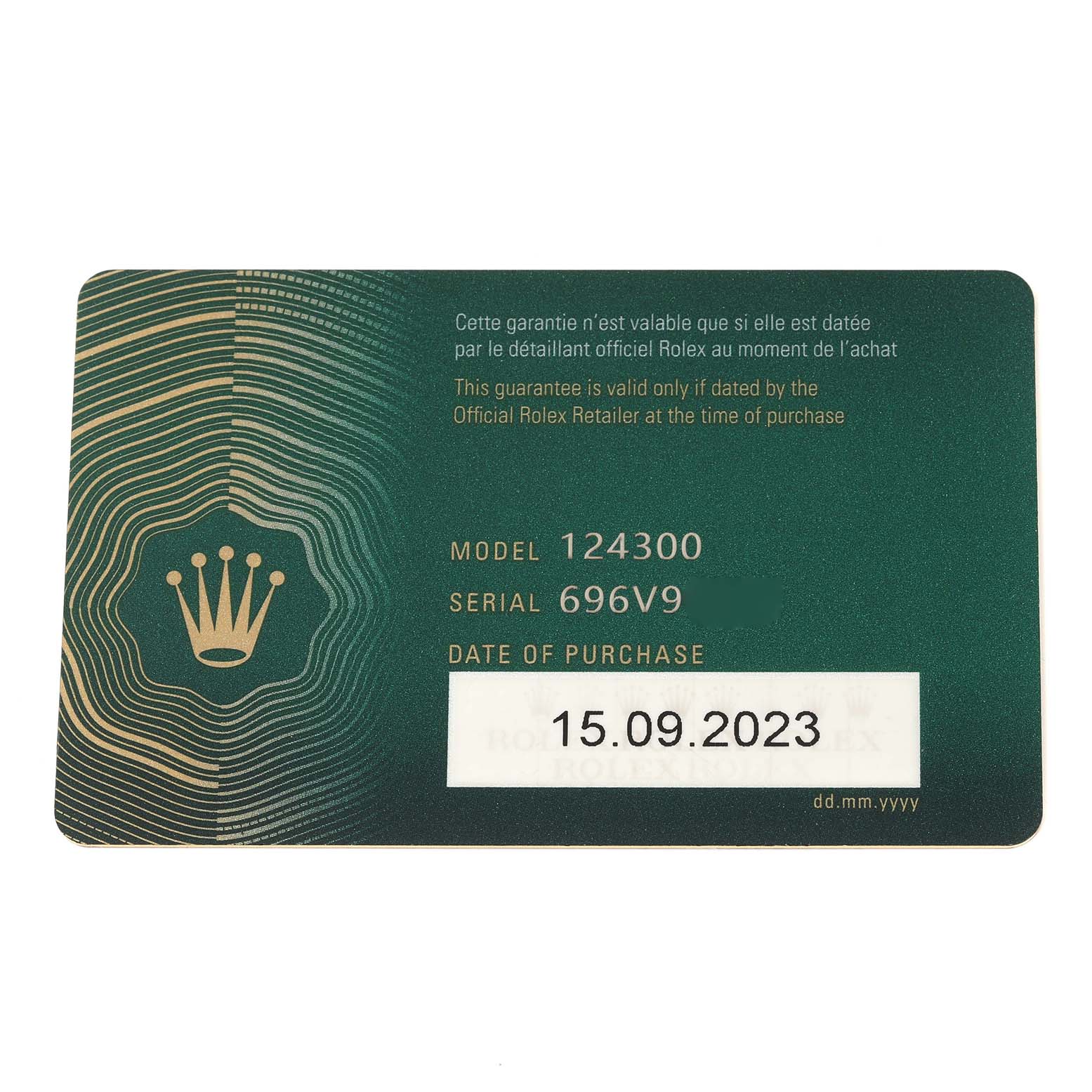 This is a warranty card for a Rolex Oyster Perpetual 124300 Men's Stainless Steel Silver Dial 124300 Men's Stainless Steel Silver Dial model 124300, showing the model and serial number along with purchase date.