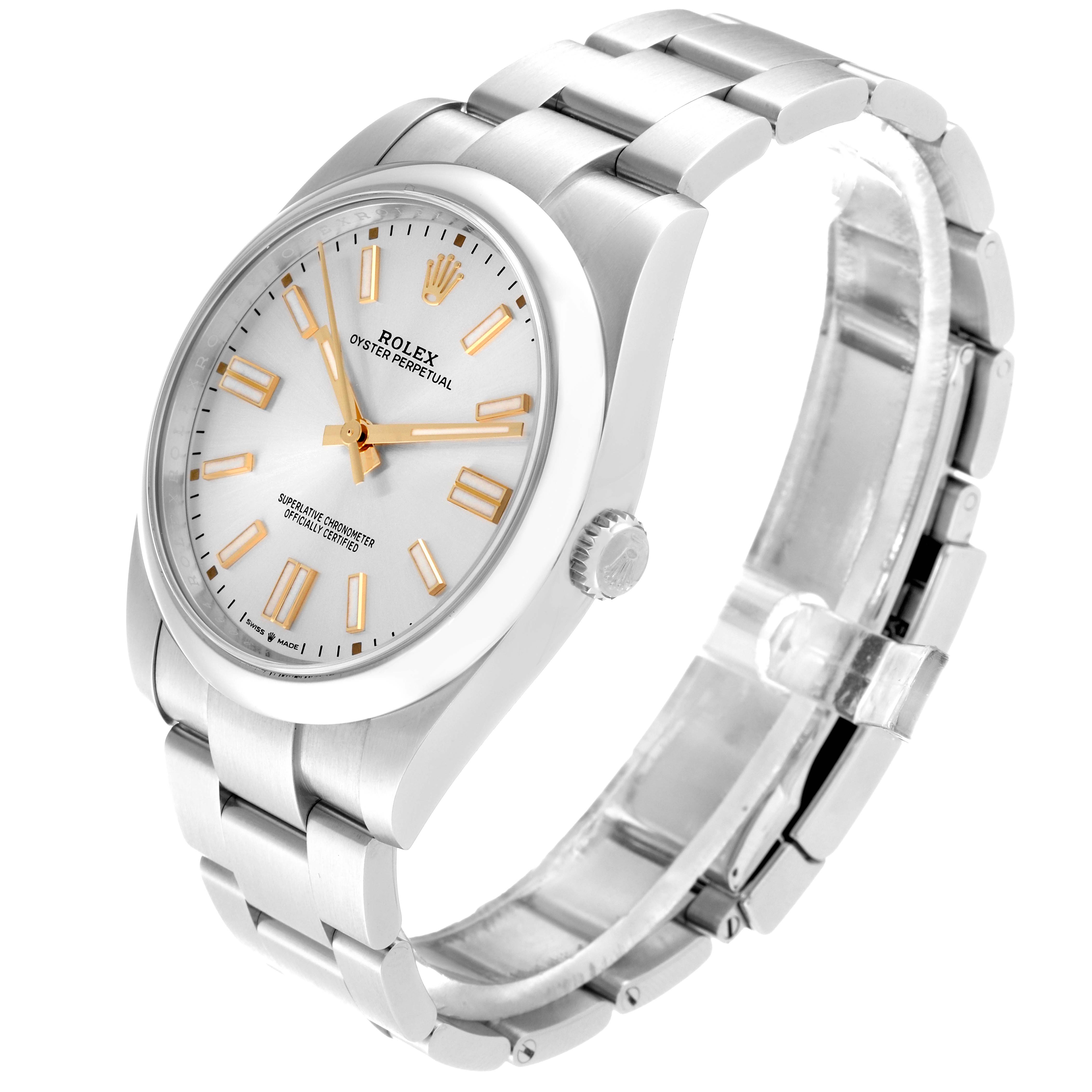 The image shows a Rolex Oyster Perpetual 124300 Men's Stainless Steel Silver Dial 124300 Men's Stainless Steel Silver Dial watch at a three-quarter angle, displaying the face, crown, and bracelet.
