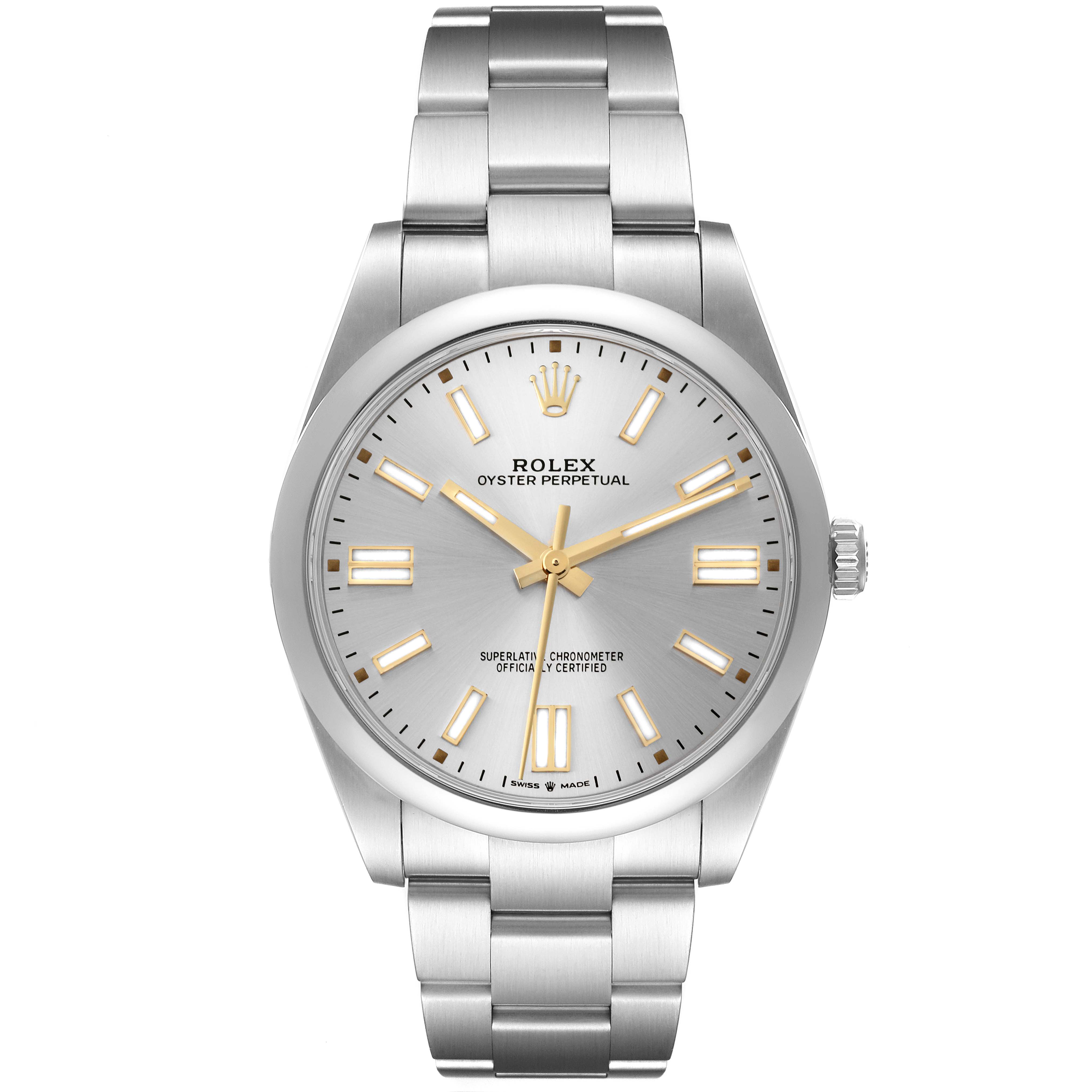 The Rolex Oyster Perpetual 124300 Men's Stainless Steel Silver Dial 124300 Men's Stainless Steel Silver Dial watch is shown from the front, displaying the silver dial, hour markers, hands, and bracelet.