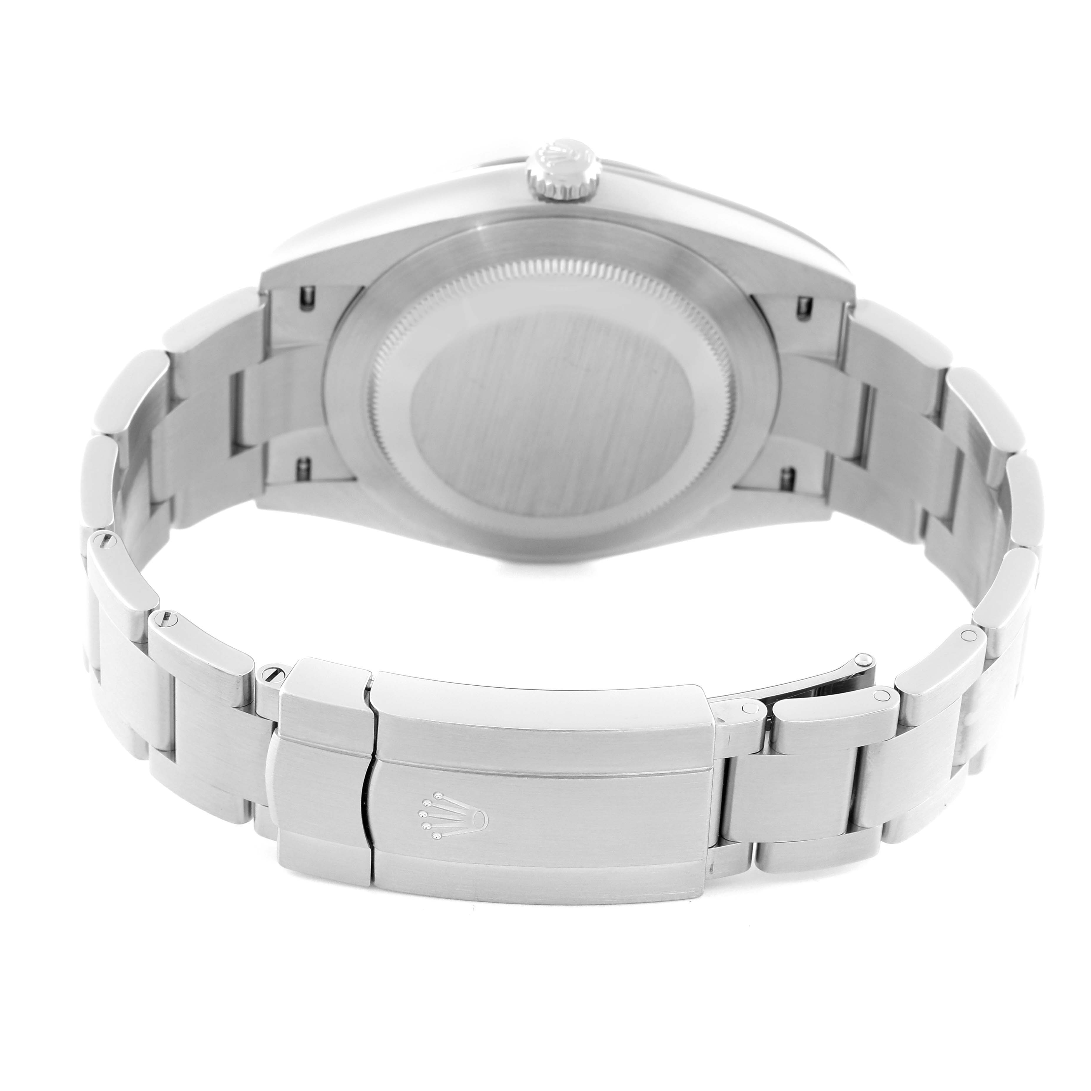 The image shows the back view of a Rolex Oyster Perpetual 124300 Men's Stainless Steel Silver Dial 124300 Men's Stainless Steel Silver Dial watch, focusing on the case back and the stainless steel bracelet with the clasp.