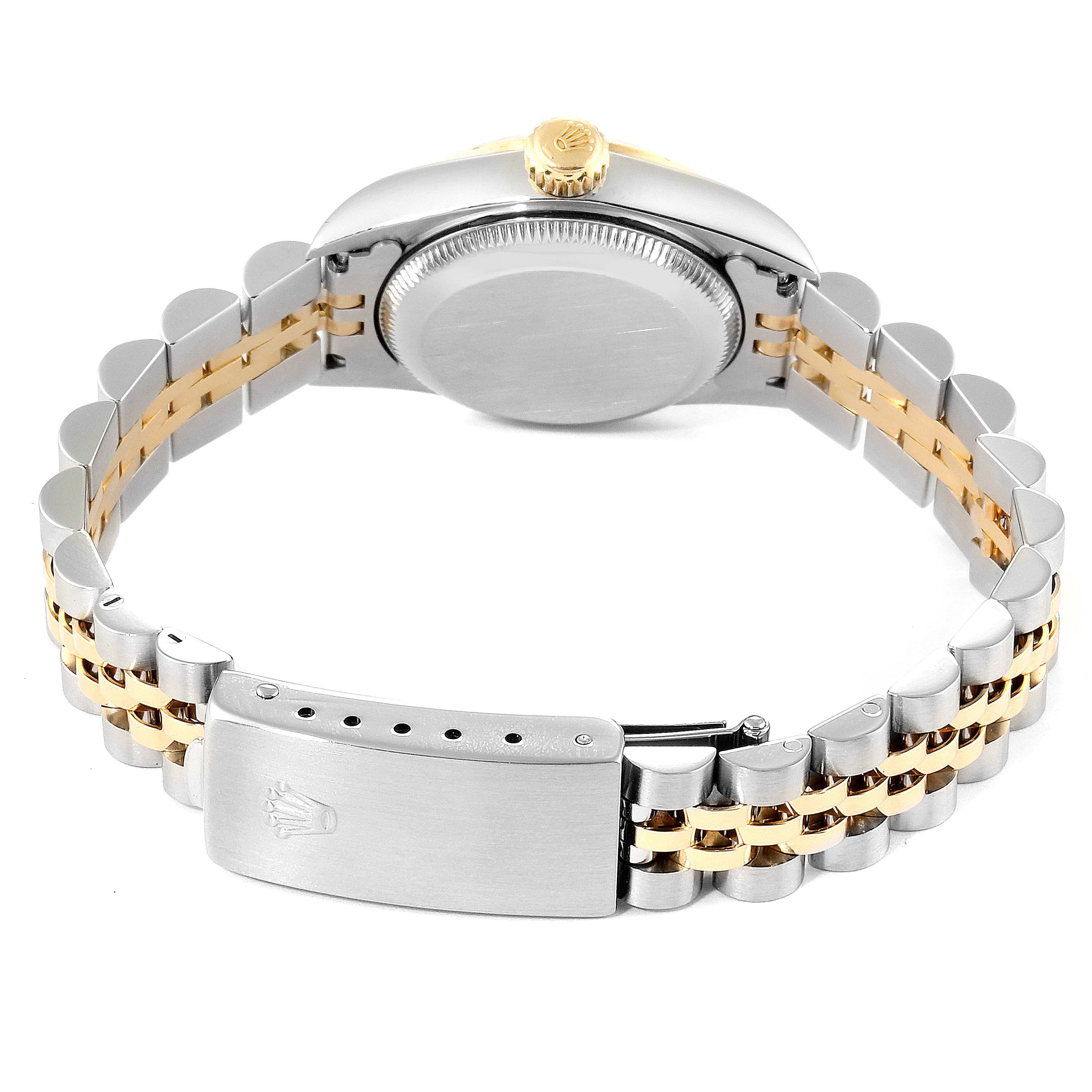 The image shows the back and bracelet of a Rolex Datejust 67243 Women's Steel and Gold (two tone) White Dial 67243 Women's Steel and Gold (two tone) White Dial watch, highlighting its clasp and crown.