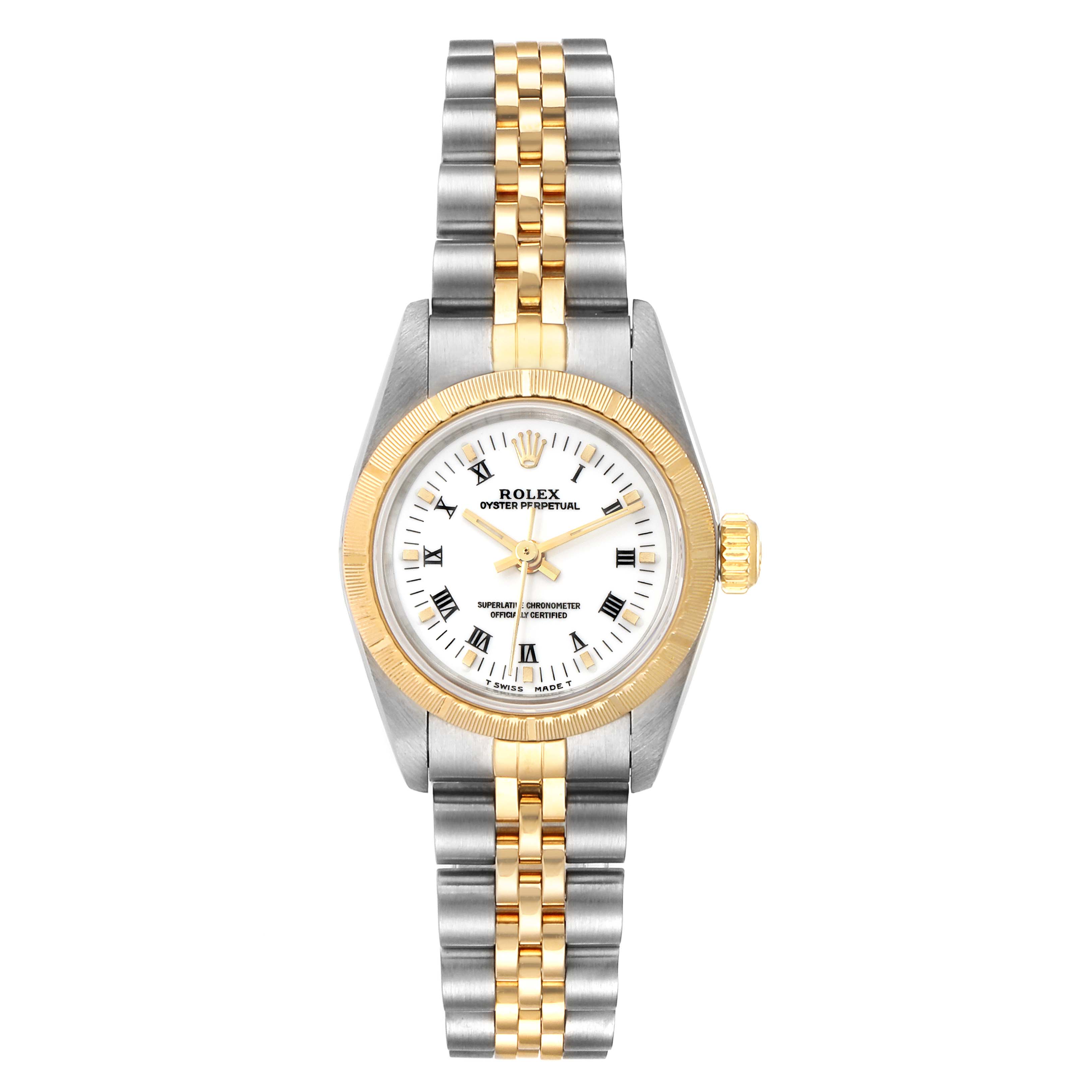 The image shows a front view of a Rolex Datejust 67243 Women's Steel and Gold (two tone) White Dial 67243 Women's Steel and Gold (two tone) White Dial watch, displaying its face, bracelet, and crown.