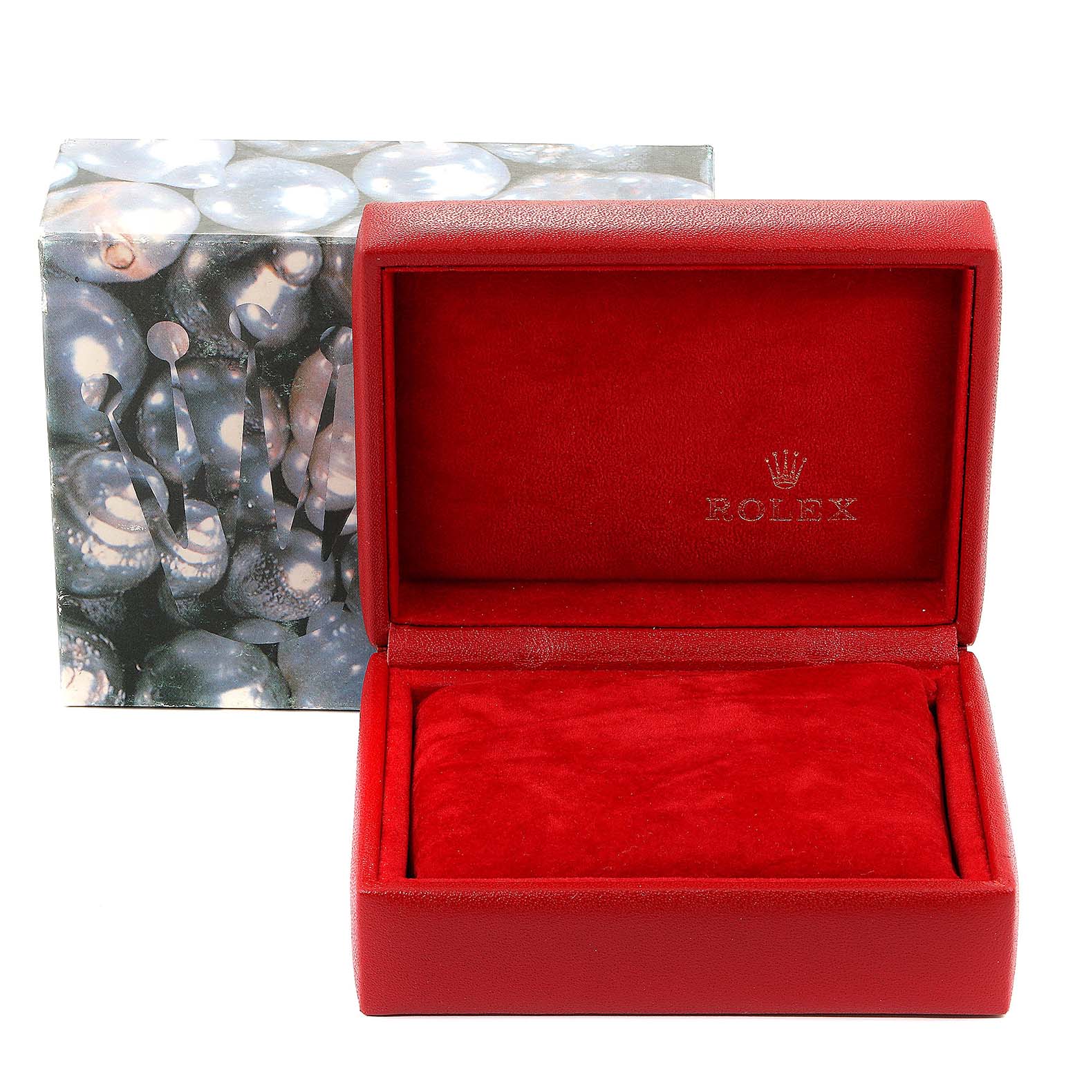 This image shows a red Rolex Datejust 67243 Women's Steel and Gold (two tone) White Dial 67243 Women's Steel and Gold (two tone) White Dial watch box with its lid open, displaying the interior and the logo.