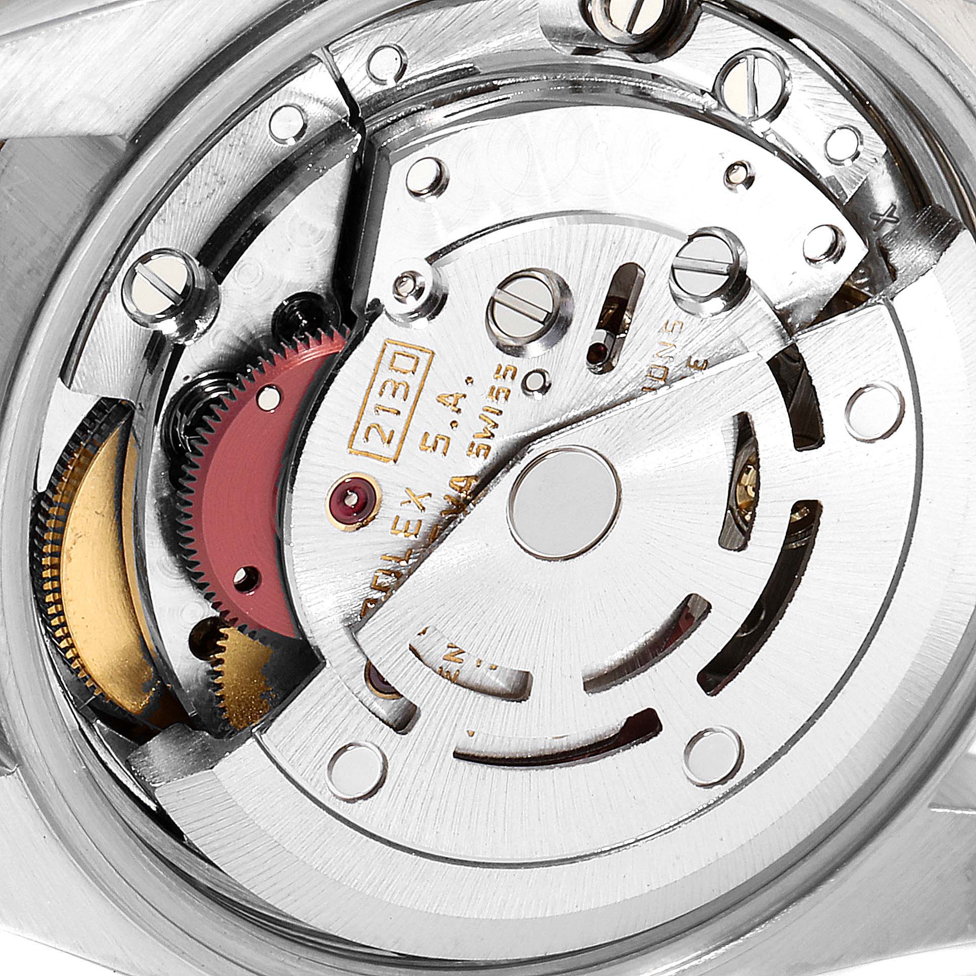This image shows the internal mechanical movement and components of a Rolex Datejust 67243 Women's Steel and Gold (two tone) White Dial 67243 Women's Steel and Gold (two tone) White Dial watch from the back.