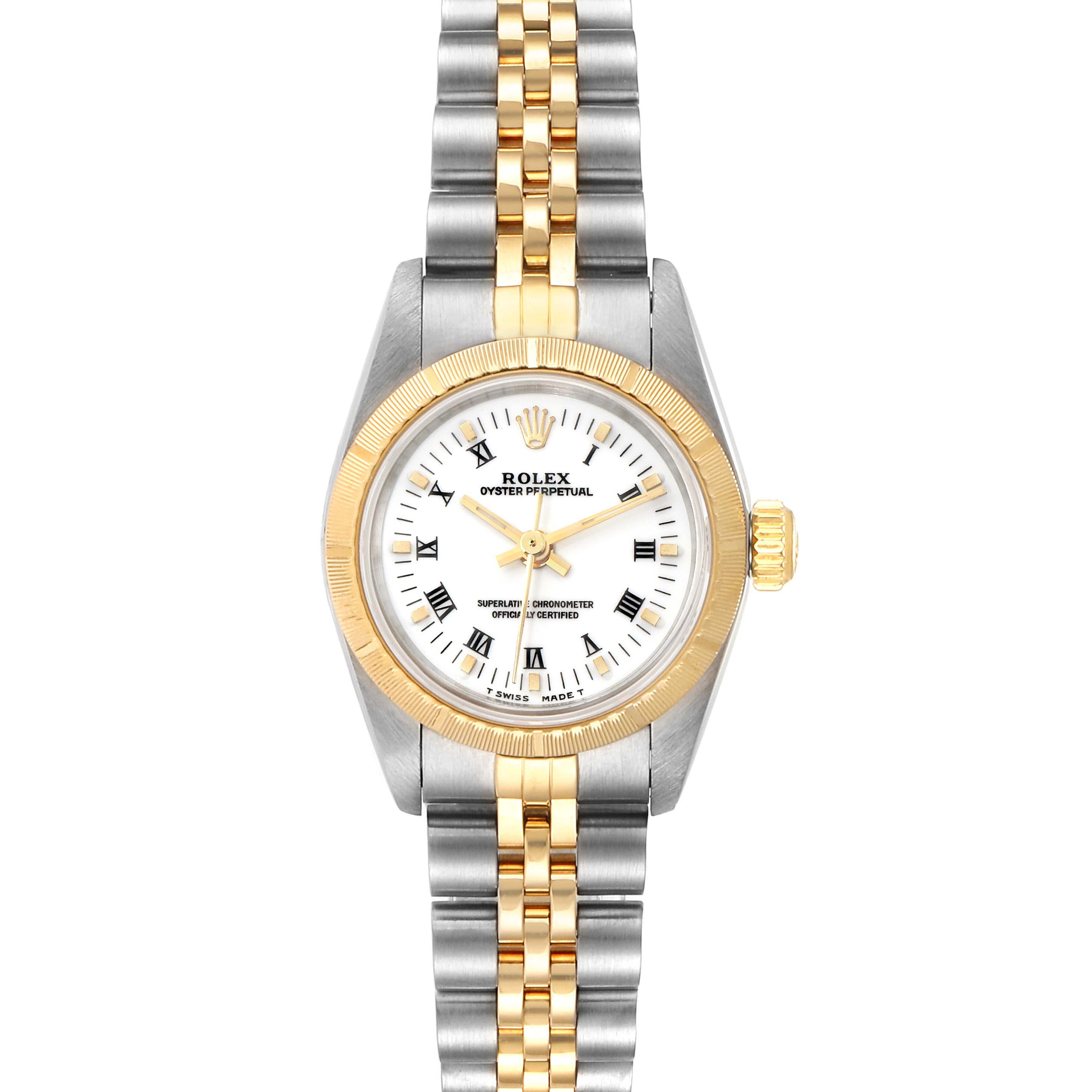 This Rolex Datejust 67243 Women's Steel and Gold (two tone) White Dial 67243 Women's Steel and Gold (two tone) White Dial watch is shown from a top-down angle, displaying its dial, bezel, and bracelet.