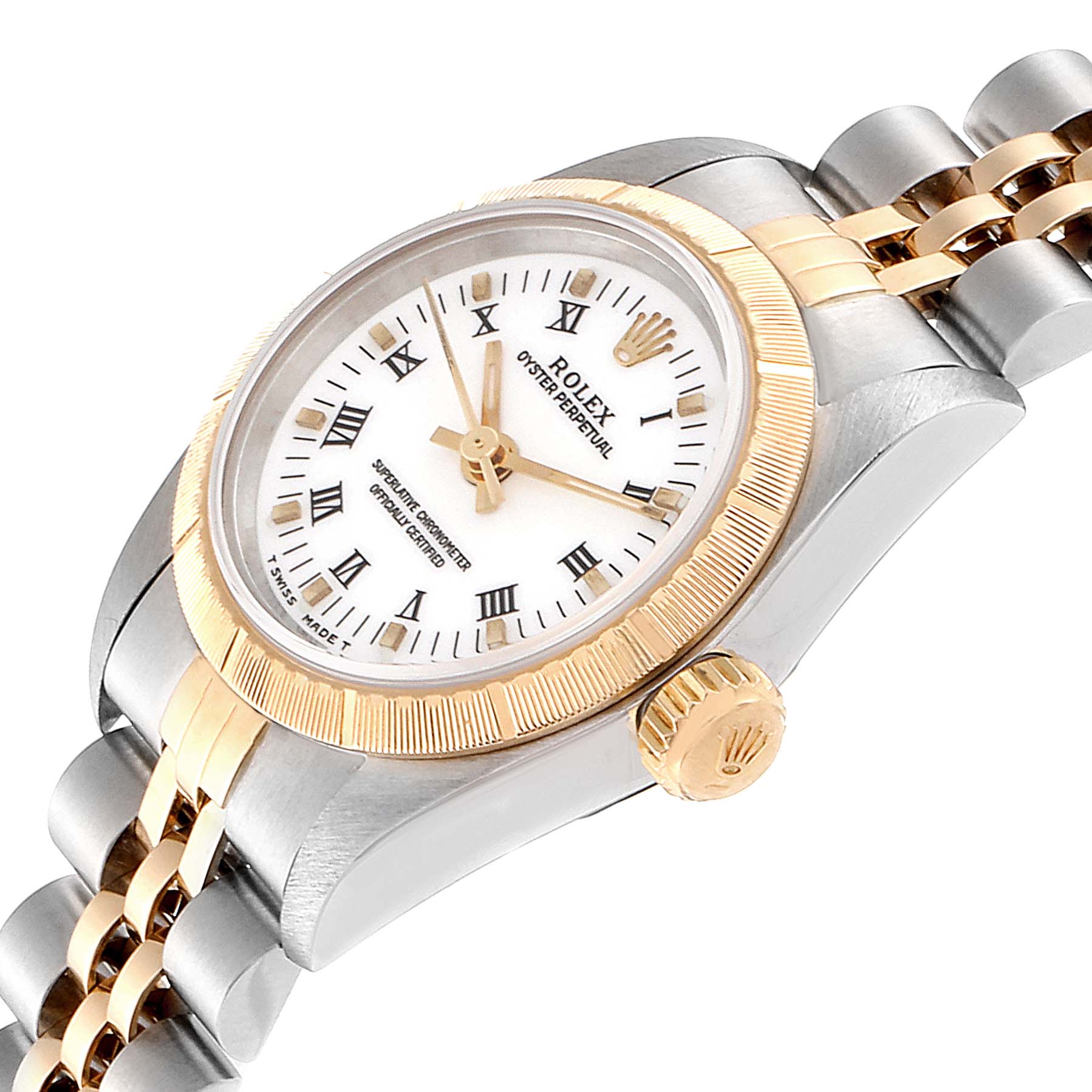 This image displays a semi-side angle of a Rolex Datejust 67243 Women's Steel and Gold (two tone) White Dial 67243 Women's Steel and Gold (two tone) White Dial watch, showcasing the dial, crown, and two-tone bracelet.