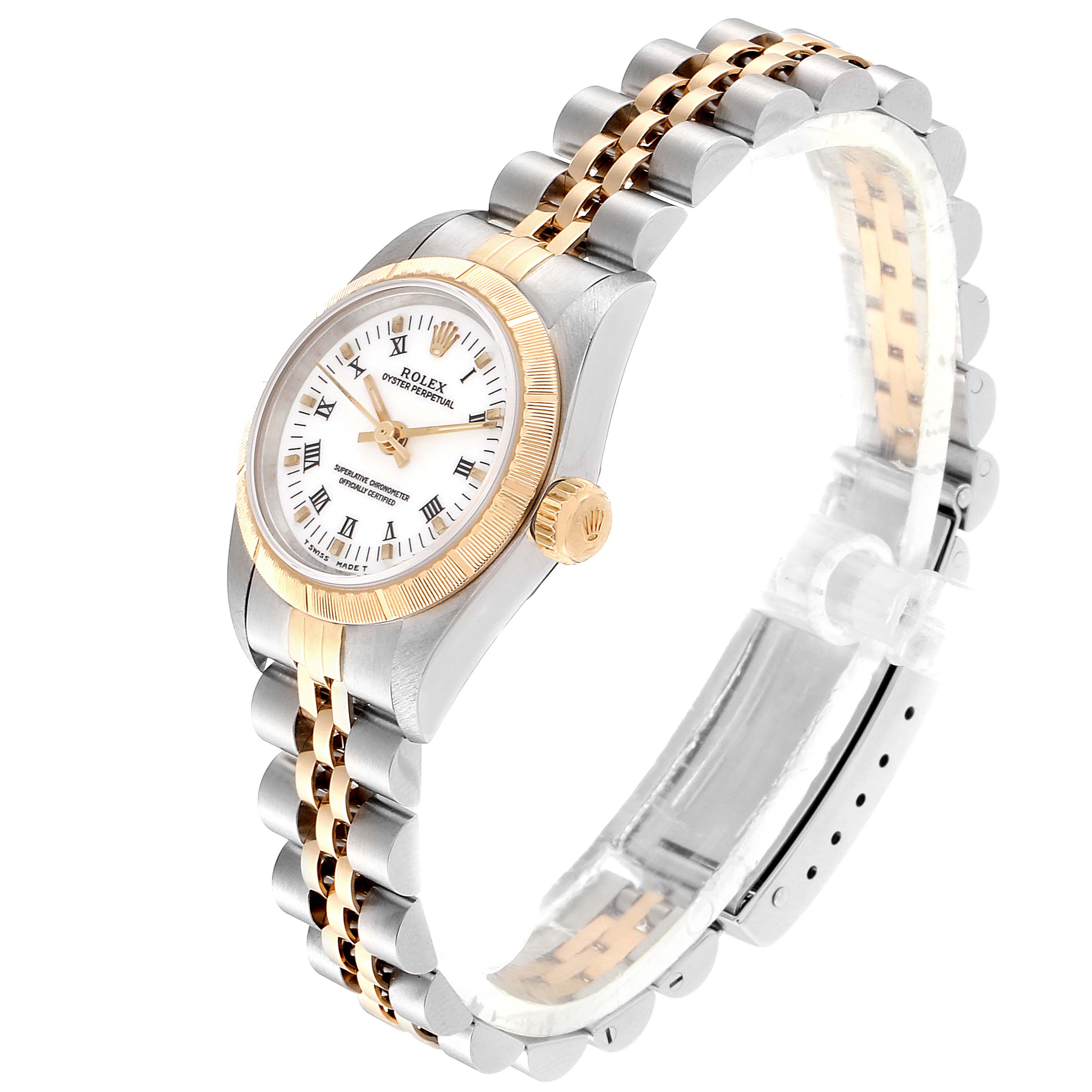 The Rolex Datejust 67243 Women's Steel and Gold (two tone) White Dial 67243 Women's Steel and Gold (two tone) White Dial watch is shown at an angled view, displaying its face, bezel, crown, and bracelet.