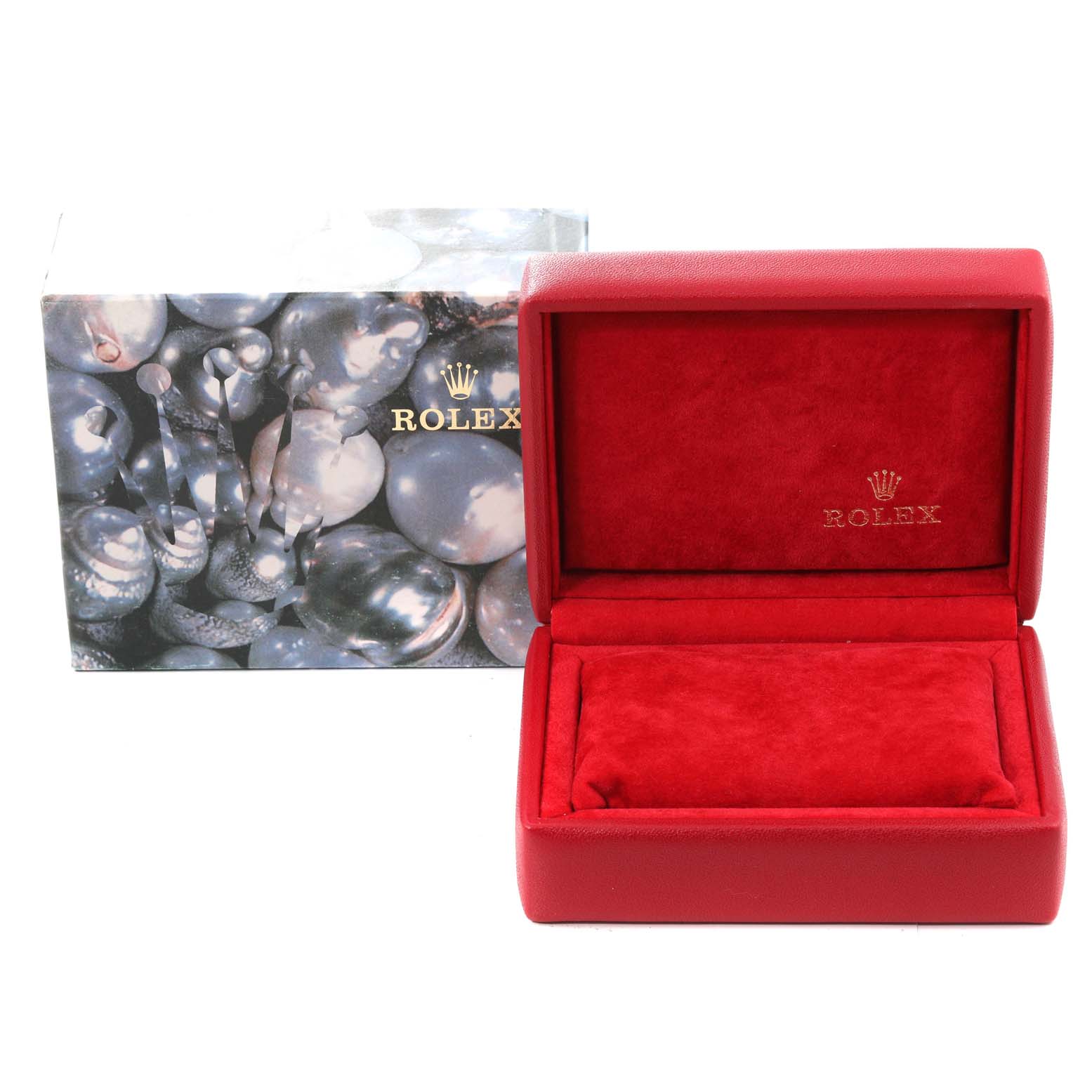 This image shows a red Rolex Oyster Perpetual 67180 Women's Stainless Steel Pink Dial 67180 Women's Stainless Steel Pink Dial watch box with the lid open, and the branded outer packaging behind it.