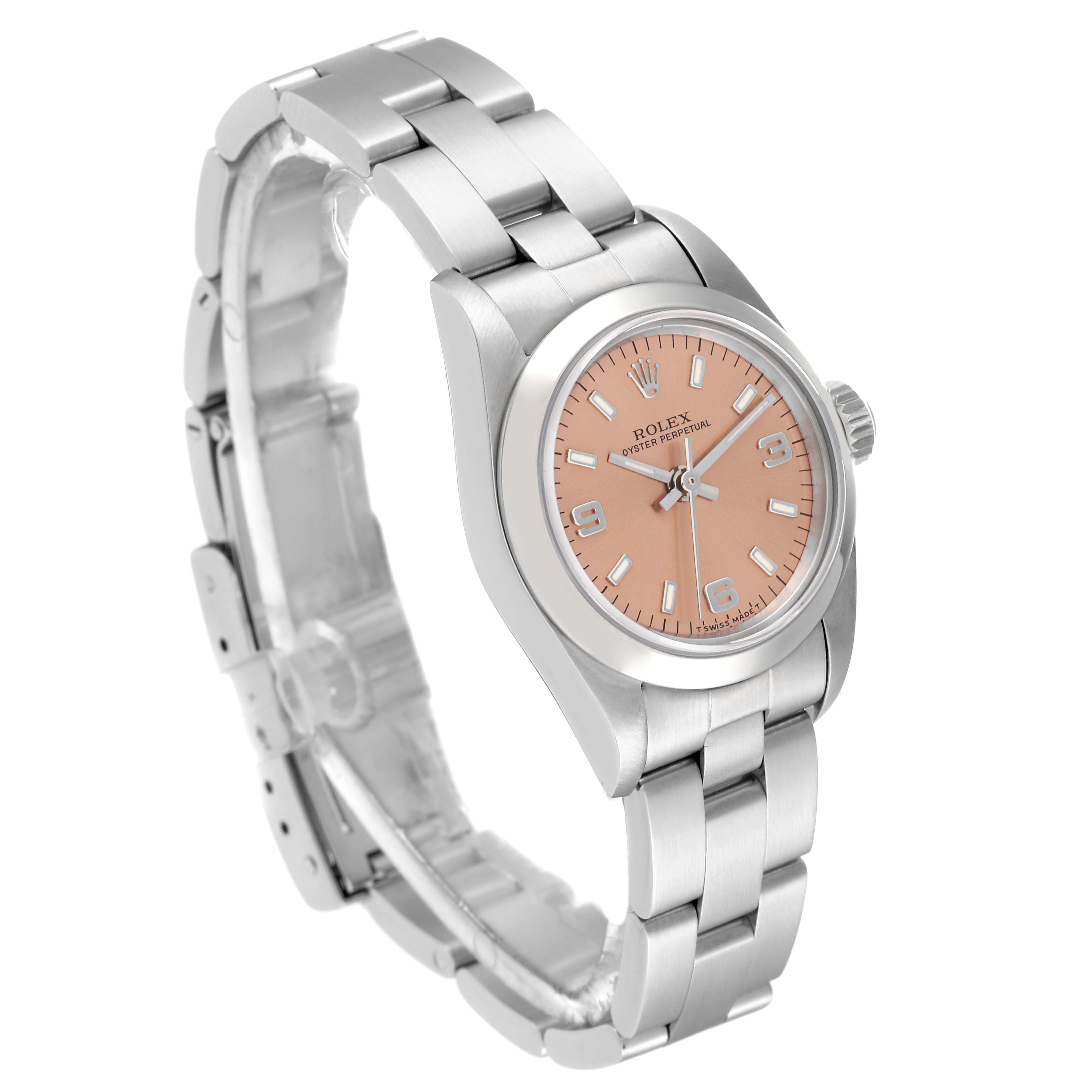 The image shows a side angle view of a Rolex Oyster Perpetual 67180 Women's Stainless Steel Pink Dial 67180 Women's Stainless Steel Pink Dial watch, highlighting its pink dial and stainless steel bracelet.