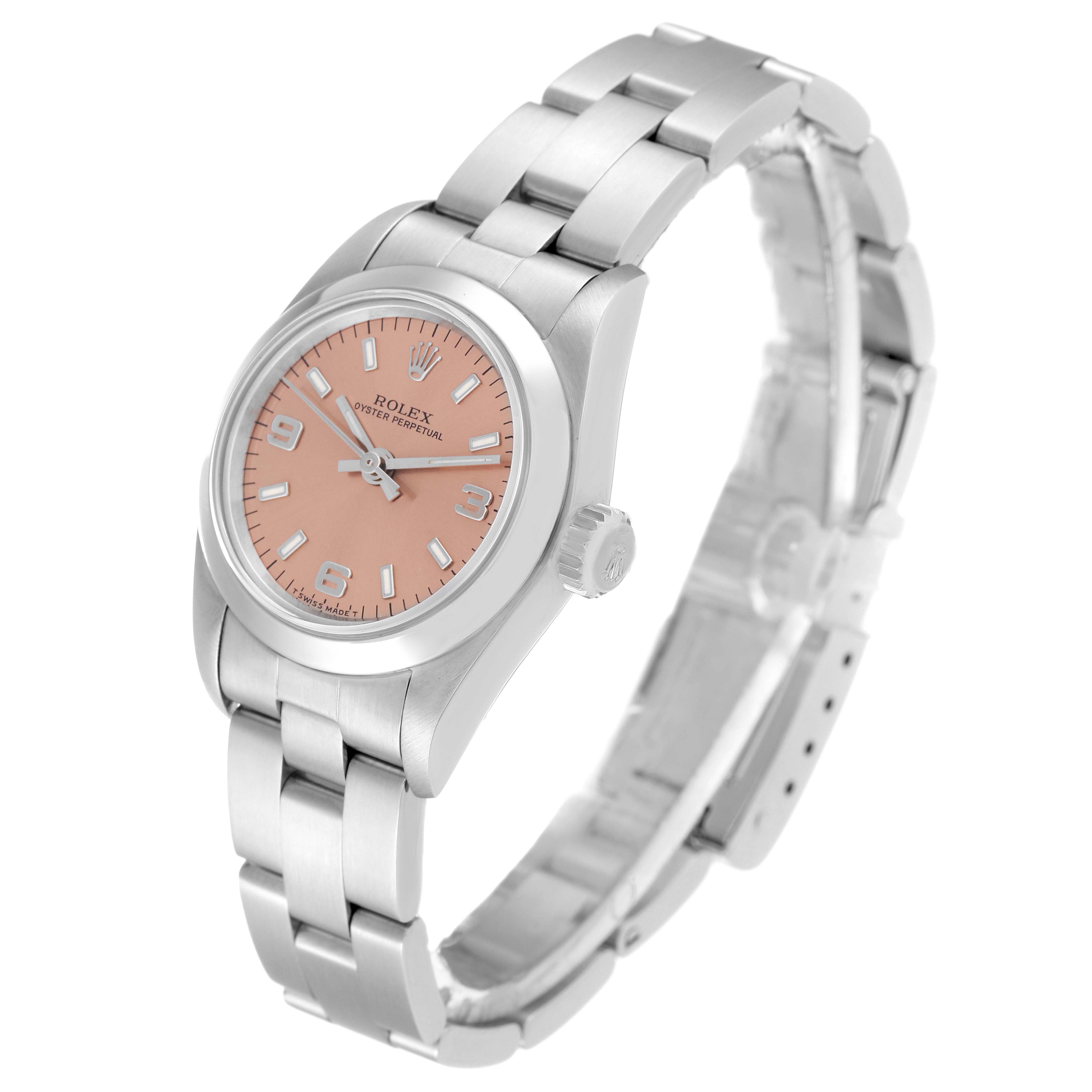 This image shows a Rolex Oyster Perpetual 67180 Women's Stainless Steel Pink Dial 67180 Women's Stainless Steel Pink Dial watch at an angled view, displaying the dial, case, and bracelet.