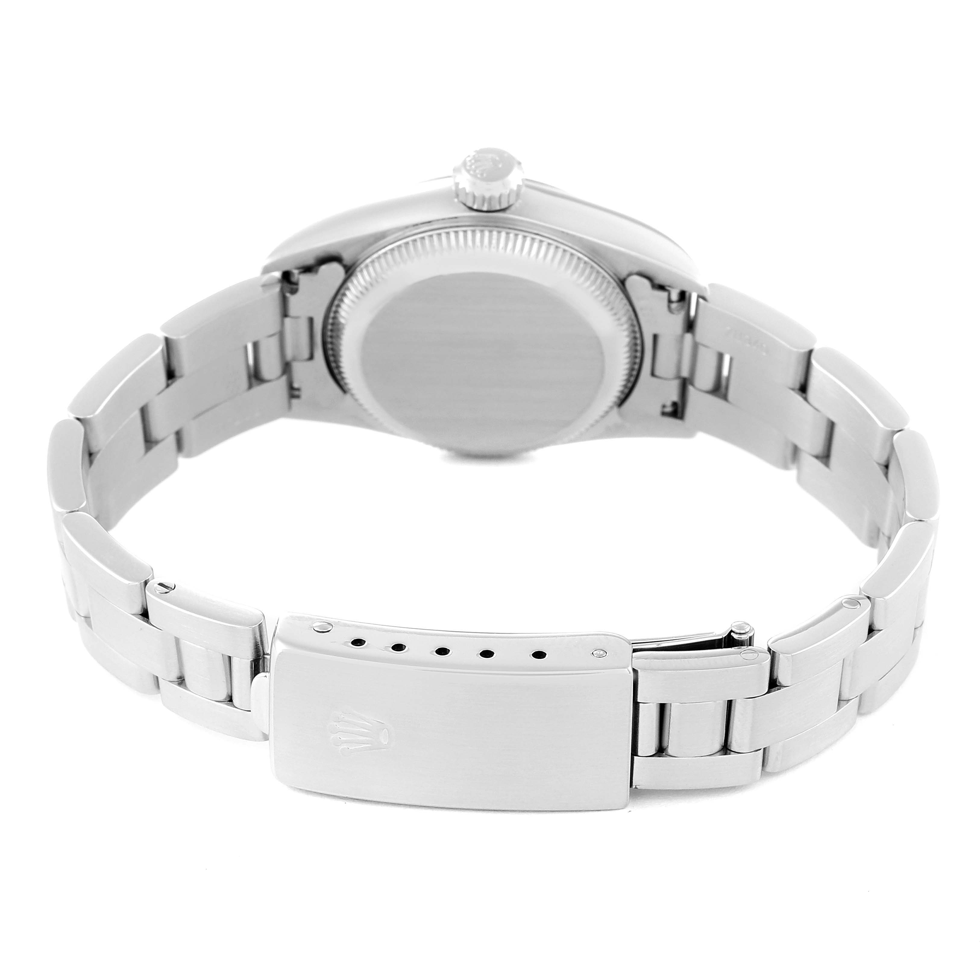 This image shows the back view of a Rolex Oyster Perpetual 67180 Women's Stainless Steel Pink Dial 67180 Women's Stainless Steel Pink Dial watch, highlighting its clasp, bracelet, and case back.